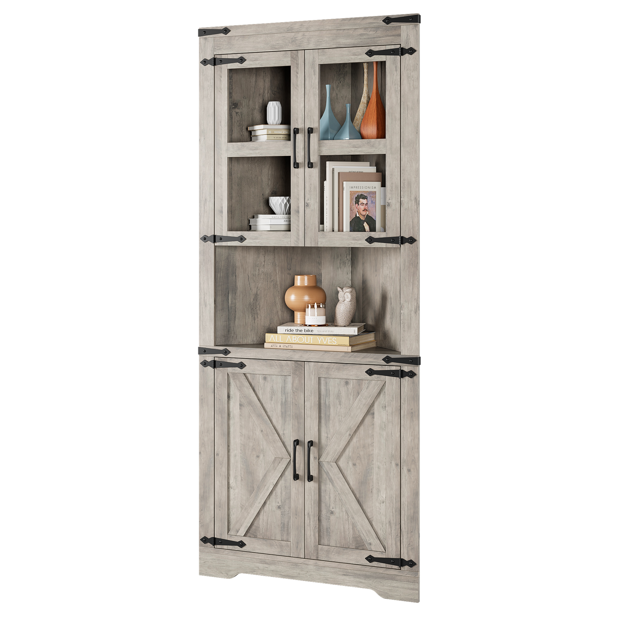 US GARVEE Farmhouse Corner Cabinet, Tall Corner Storage Cabinet with Barn Door & Adjustable Shelves, Bathroom Cabinet with Storage for Living Room, Kitchen, Bathroom, Washed Grey