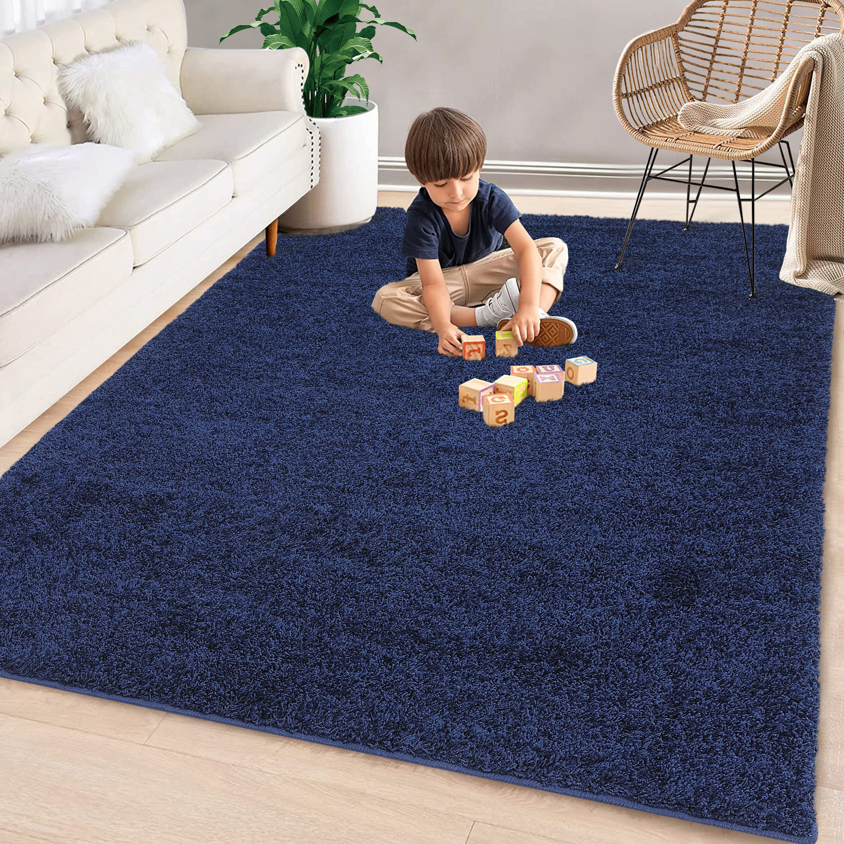 US GARVEE Area Rug 9x12 Shag Rug Extra Large Living Room Rug Non Slip Plush Dining Room Rug Soft Shaggy Carpet for Kids Nursery Girls Boys Room Non Shedding Throw Bedroom Rug Modern Home Decor Rugs, Navy