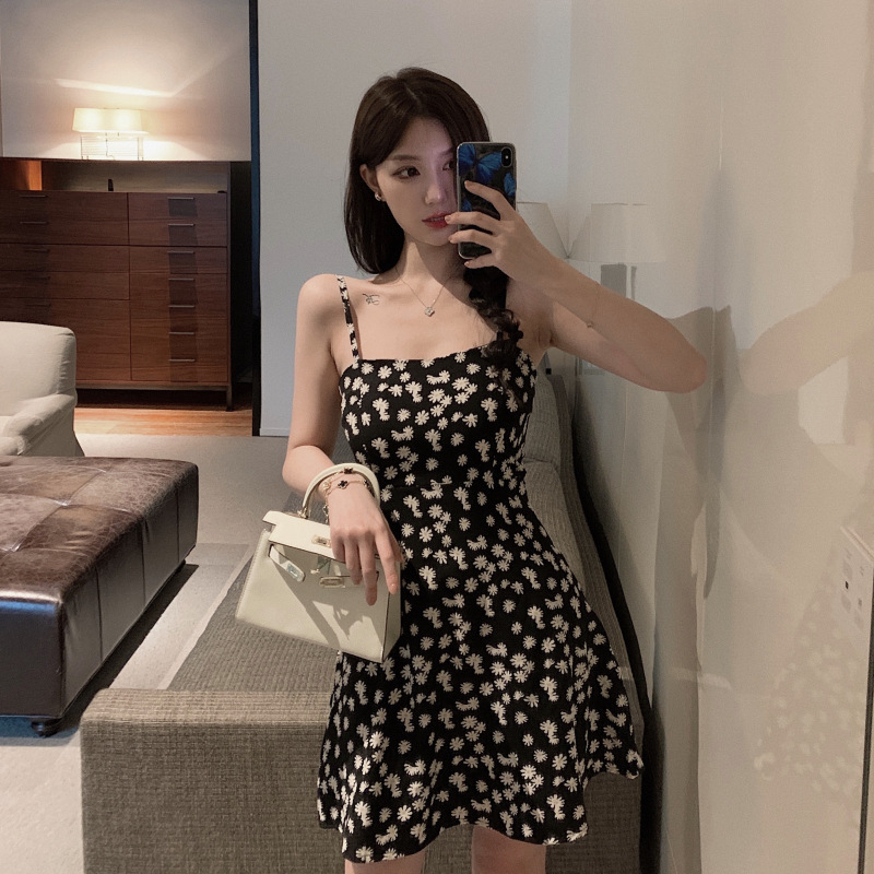 Women Sling Dress Daisy Print High Waist Slim Summer Lady Short A-line Dress black_M