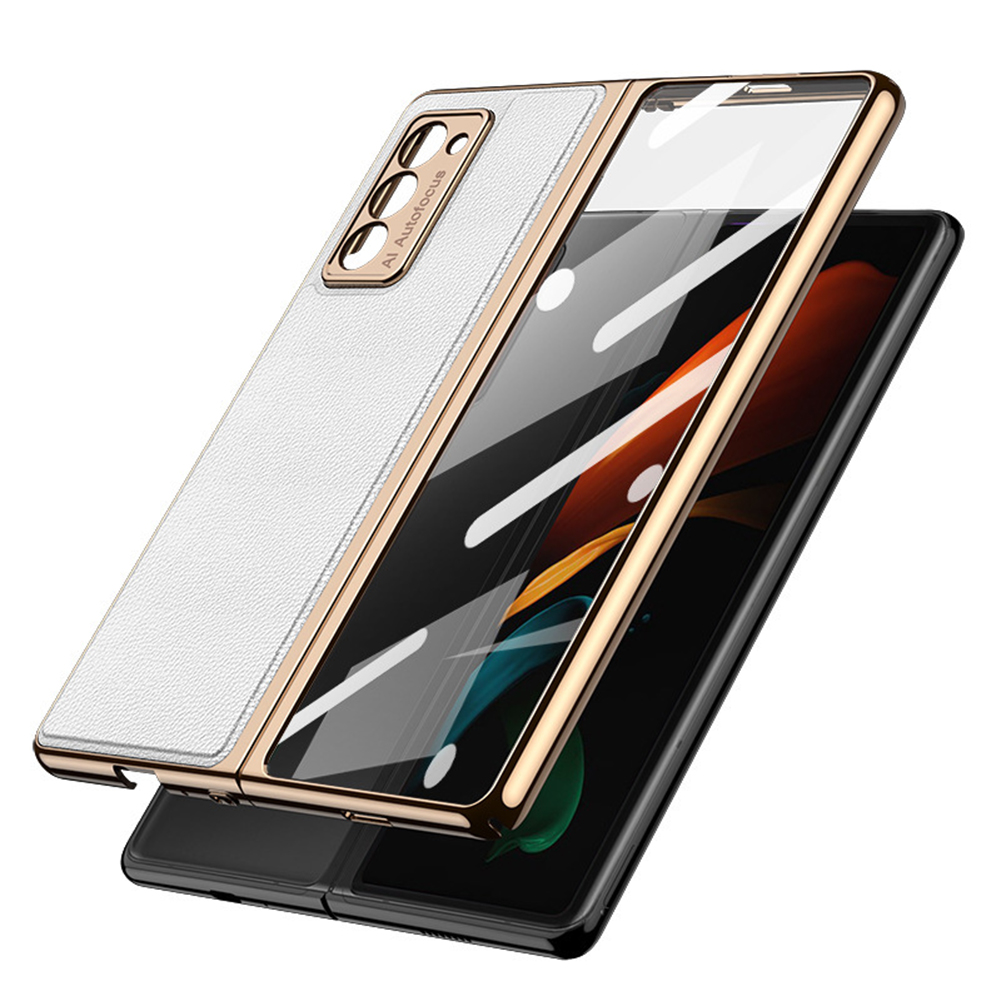 For Samsung Z Fold2 Mobile Phone Cover Pu All-inclusive Anti-drop Leather Folding Tempered Glass Screen Protector Elegant white