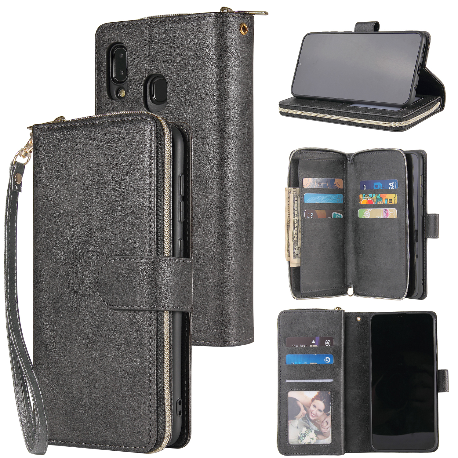 For Samsung A10/A20/A30/A50/A30S/A50S Pu Leather Mobile Phone Cover Zipper Card Bag + Wrist Strap black