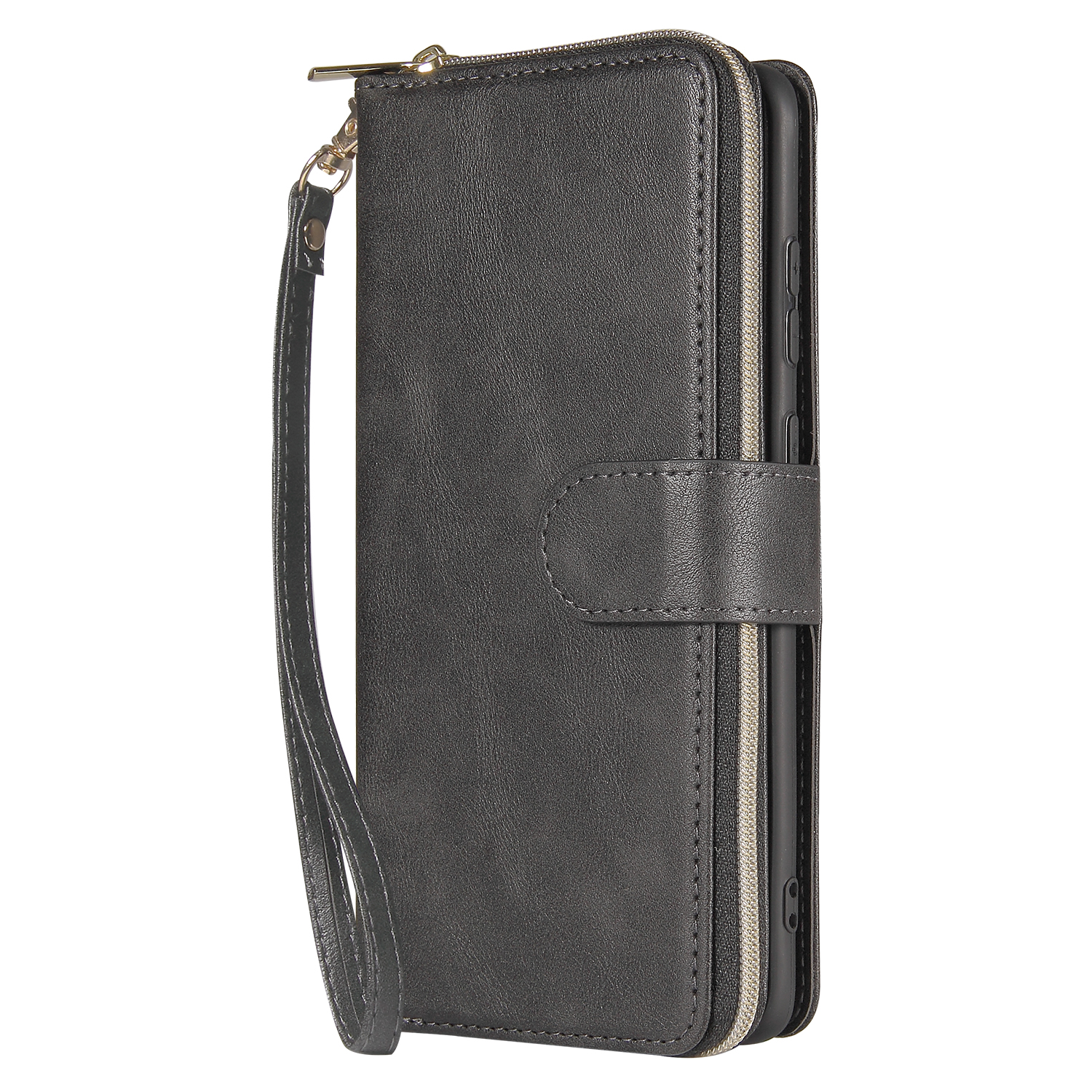 For Samsung S10/S20/S10E/ S10 Plus Pu Leather  Mobile Phone Cover Zipper Card Bag + Wrist Strap black