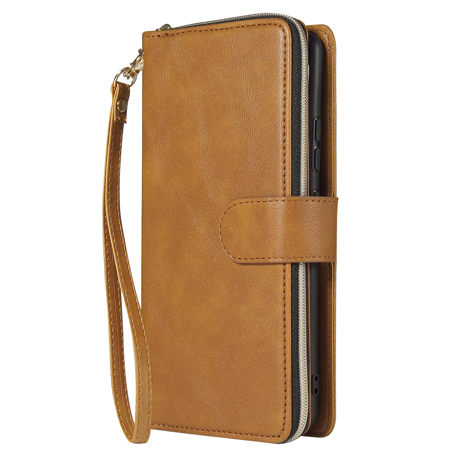 For Samsung S10/S20/S10E/ S10 Plus Pu Leather  Mobile Phone Cover Zipper Card Bag + Wrist Strap brown