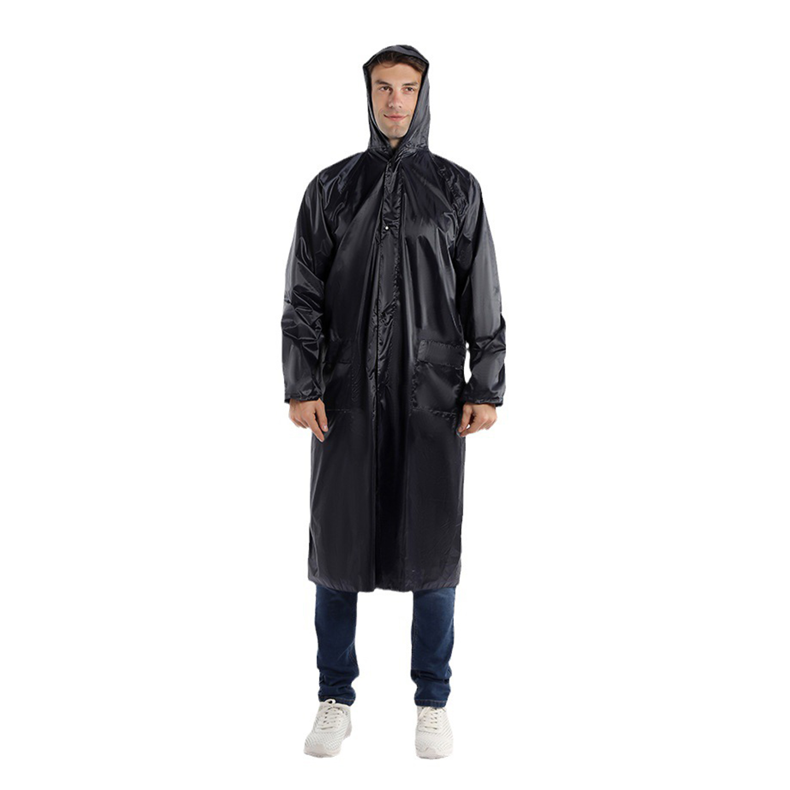 One-piece Raincoat Waterproof Lightweight Foldable Long Sleeve Hooded Raincoat With Pockets For Cycling Camping Hiking Navy blue XXL