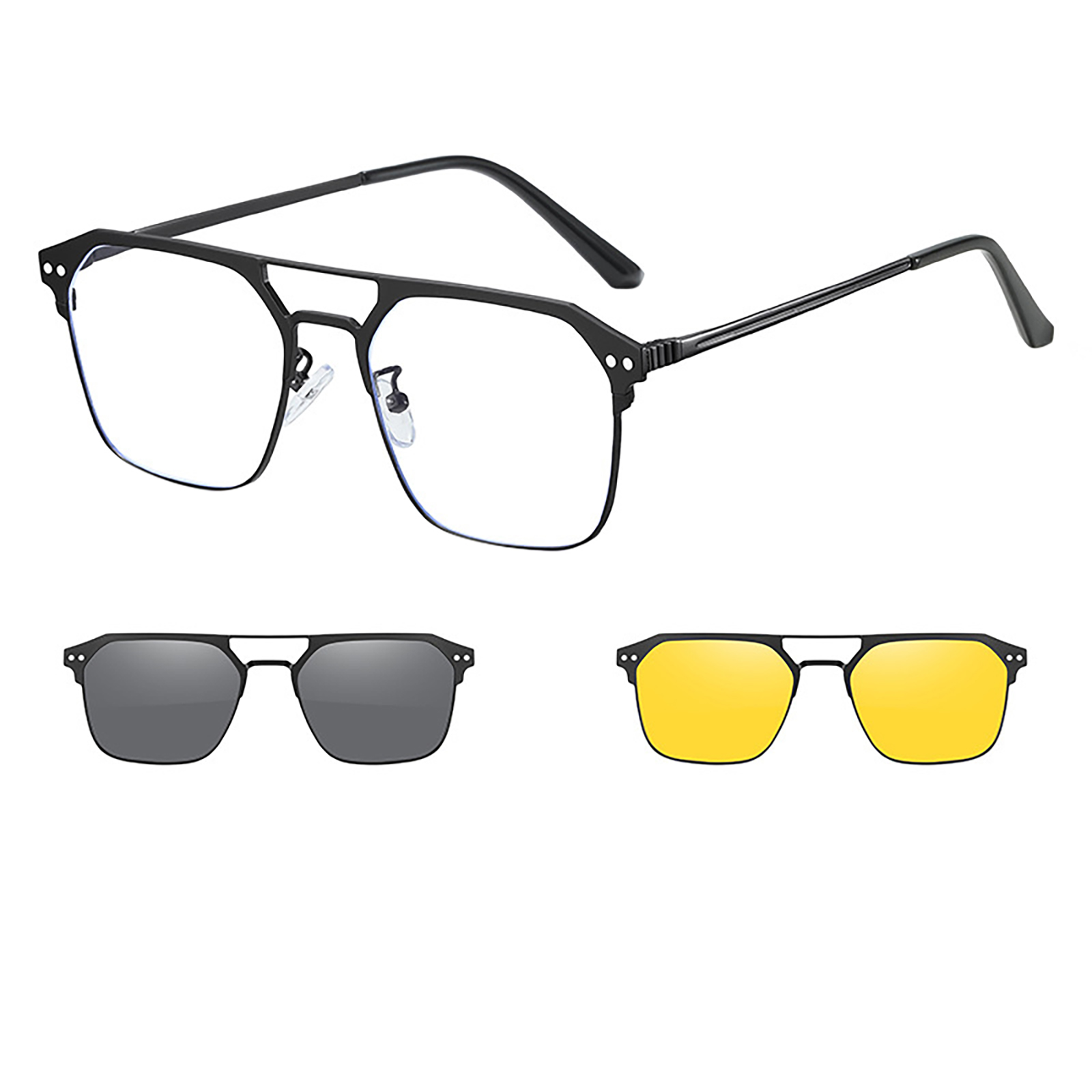 3pcs Men Glasses Set Magnetic Polarized Sunglasses Magnetic Night Vision Sunglasses Anti-blue Myopia Glasses C2 black frame