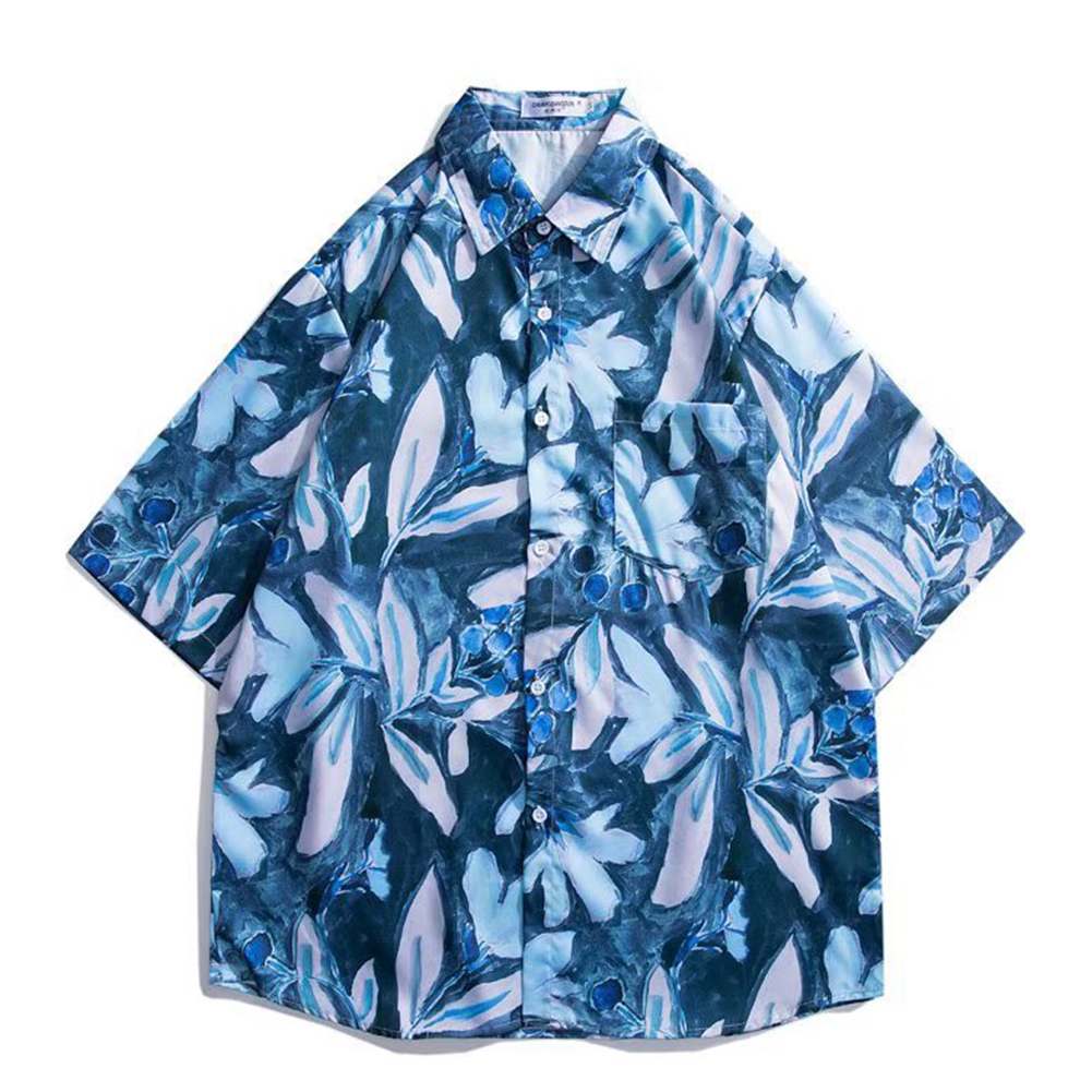 Summer Short Sleeves T-shirt For Men Retro Hawaiian Flower Printing Beach Shirt Lapel Loose Cardigan Tops 3325 blue XL