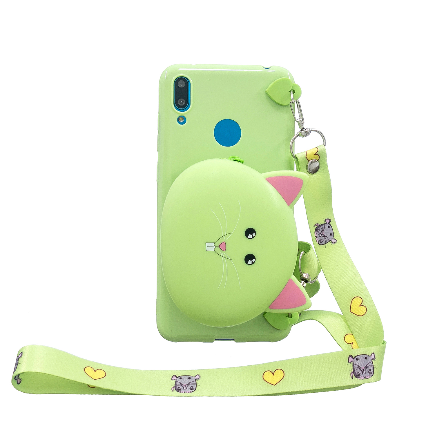For HUAWEI Y6/Y7 Prime 2019 Cellphone Case Mobile Phone Shell Shockproof TPU Cover with Cartoon Cat Pig Panda Coin Purse Lovely Shoulder Starp  Green