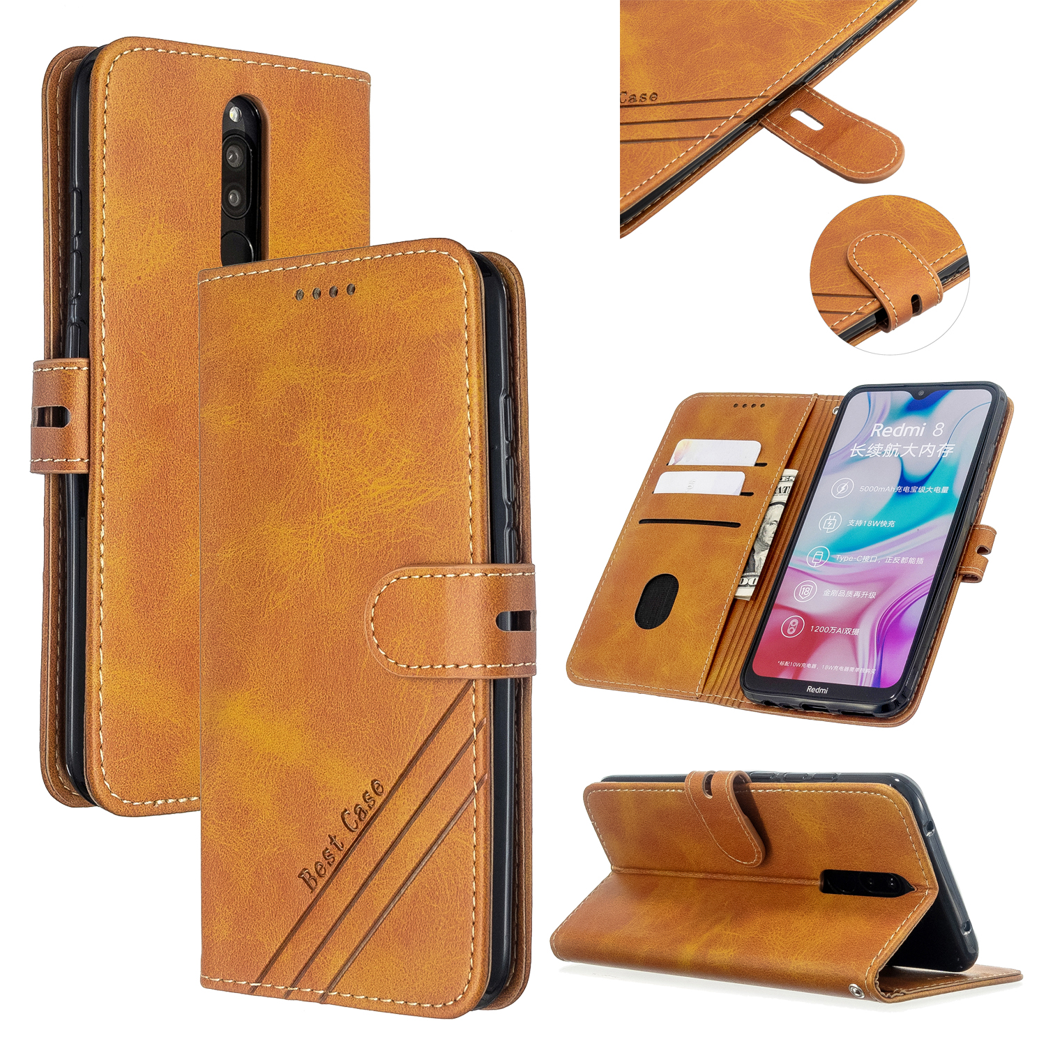 For Redmi Note 8T/Redmi 8/Redmi 8A Case Soft Leather Cover with Denim Texture Precise Cutouts Wallet Design Buckle Closure Smartphone Shell  yellow