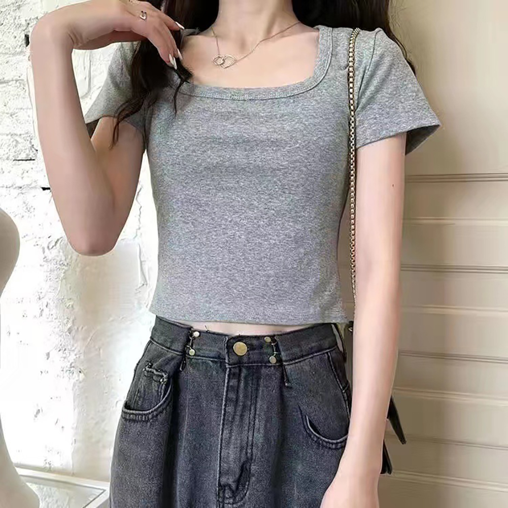 Women Short Sleeves T-shirt Fashion Square Collar High Waist Crop Top Elegant Slim Fit Simple Solid Color Blouse light gray XL