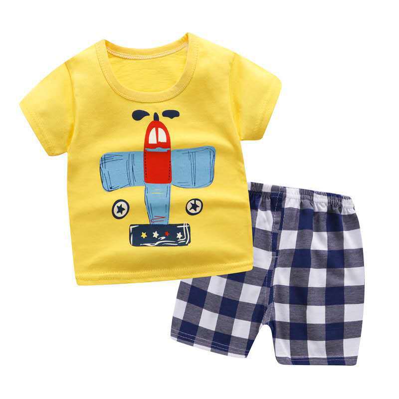 2pcs Kids Summer Suit Cute Cartoon Printing Short Sleeves T-shirt Shorts Breathable Set For Boys Girls yellow-plane 0-1Y 73CM