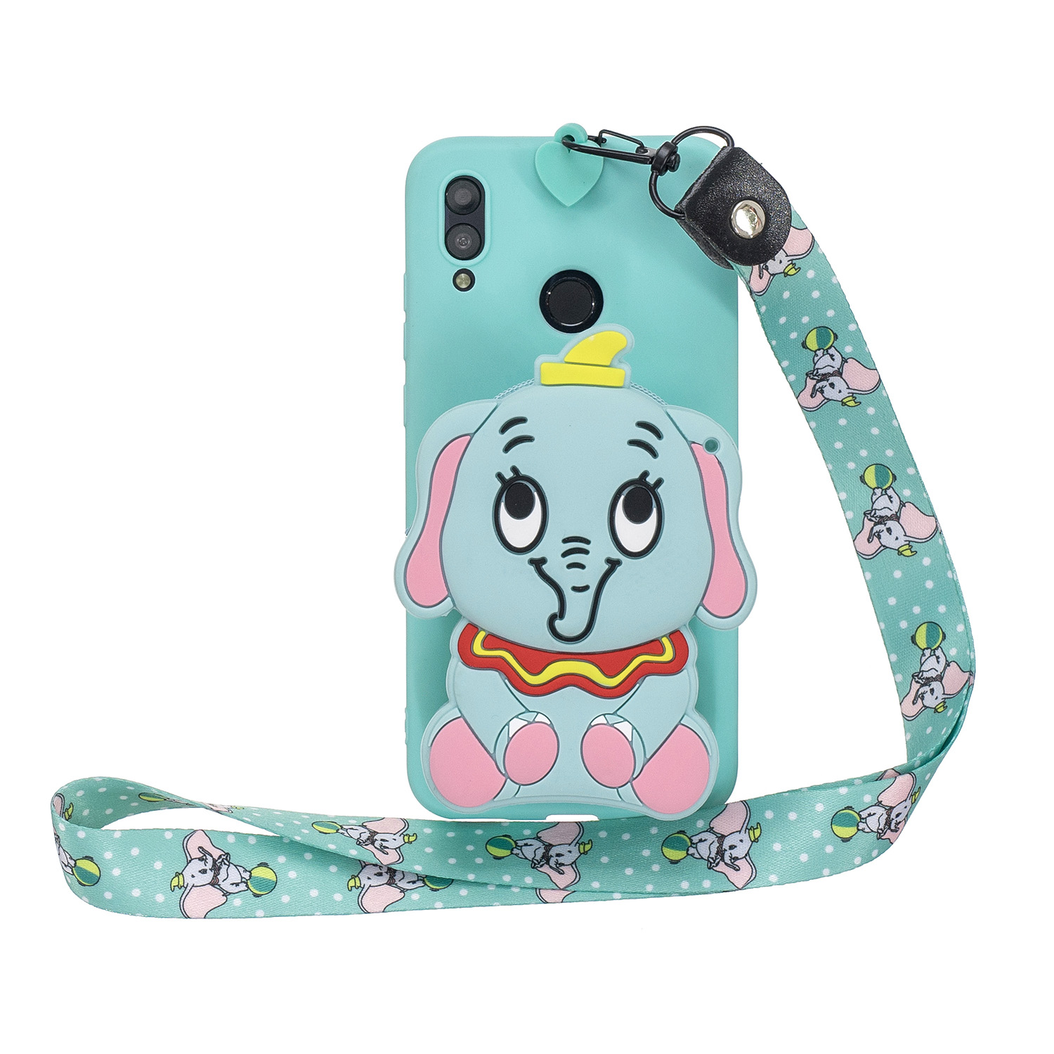 For HUAWEI Y6 2019 Y7 2019 Y9 2019 Cartoon Full Protective TPU Mobile Phone Cover with Mini Coin Purse+Cartoon Hanging Lanyard 2 light blue elephant