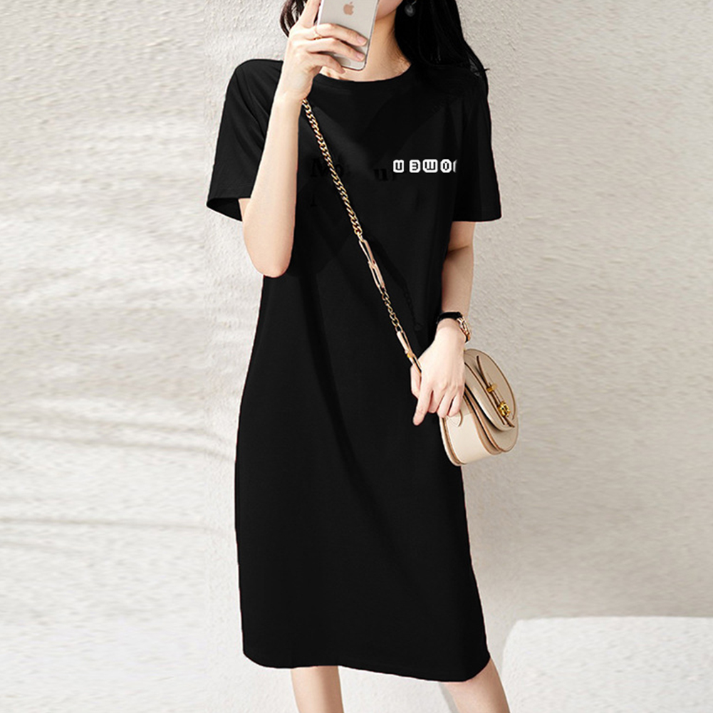 Women Loose Printed Dress Round Neck Short Sleeve Sports Style Casual T-shirt Dress black 2XL