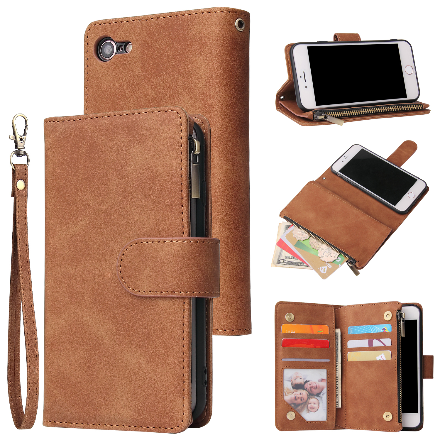 For iPhone 6 / 6S iPhone 6 plus / 6S plus iPhone 7 / 8 iPhone 7 plus / 8 plus Smart Phone Cover Coin Pocket with Cards Bracket Zipper Phone PU Leather Case Phone Cover  iPhone 7 / 8