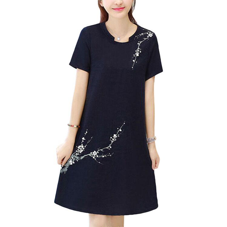 Women Casual Loose Flower Printing Short Sleeve Dress blue_XL