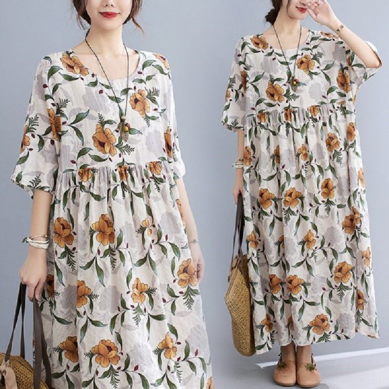 Women Short Sleeves Dress Summer Sweet Floral Printing High Waist Round Neck A-line Skirt Casual Loose Dress As shown L