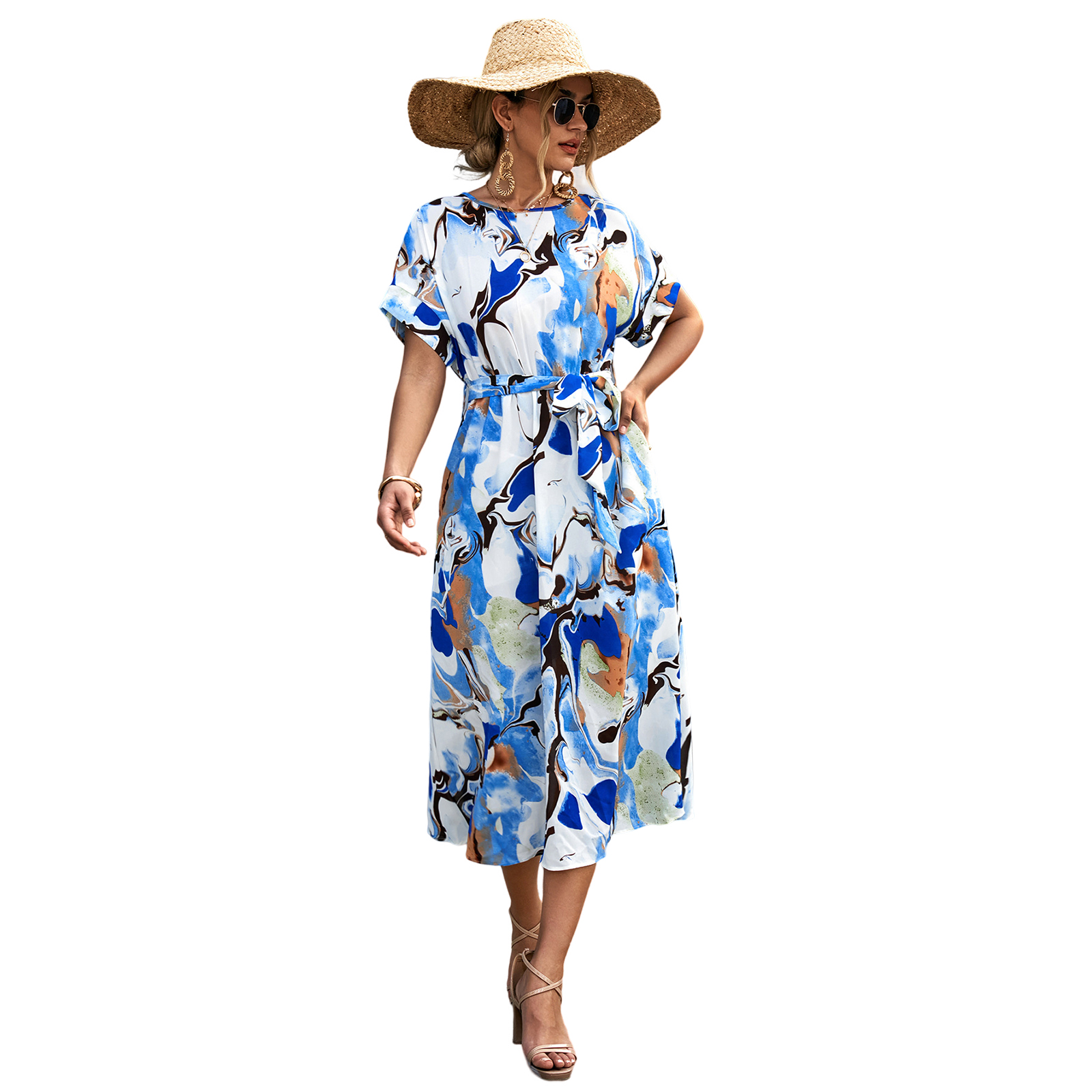 Women Boho Floral Dress Short Sleeves Round Neck Long Skirt Tie Back Casual Breathable Dress For Party blue M