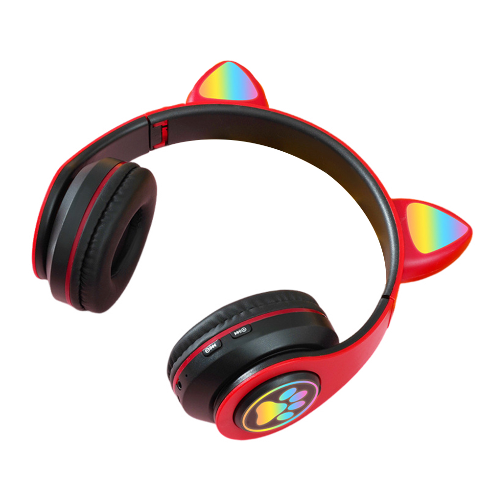 B39M Cat Ears Noise Canceling Headset Stereo Lighting Headphones Wireless Headphones For Smart Phones Computer Laptop cat paw red