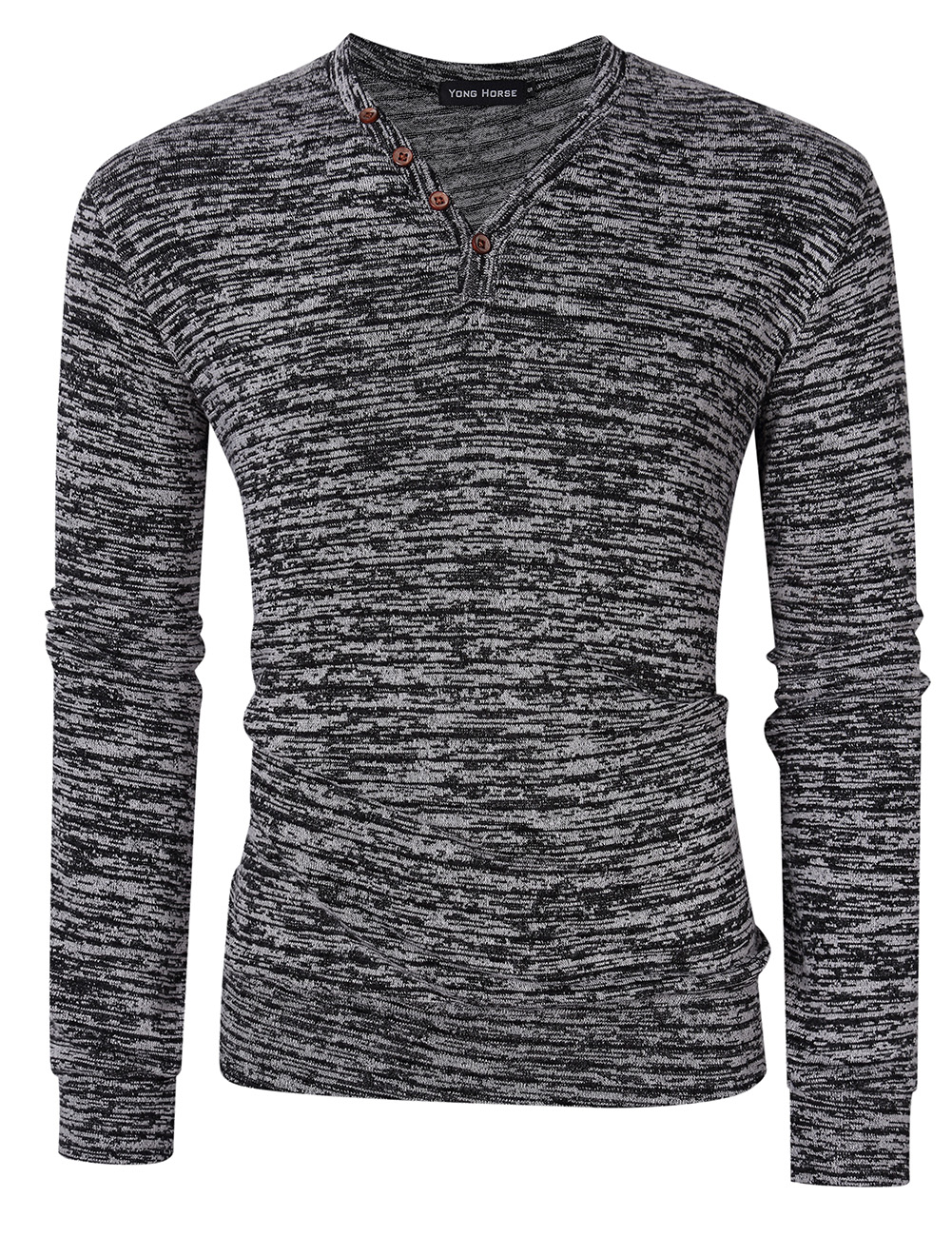 US Yong Horse Men's Textured Slim Fit Long Sleeve V Neck Casual Henley Shirt with 4-Button Decor