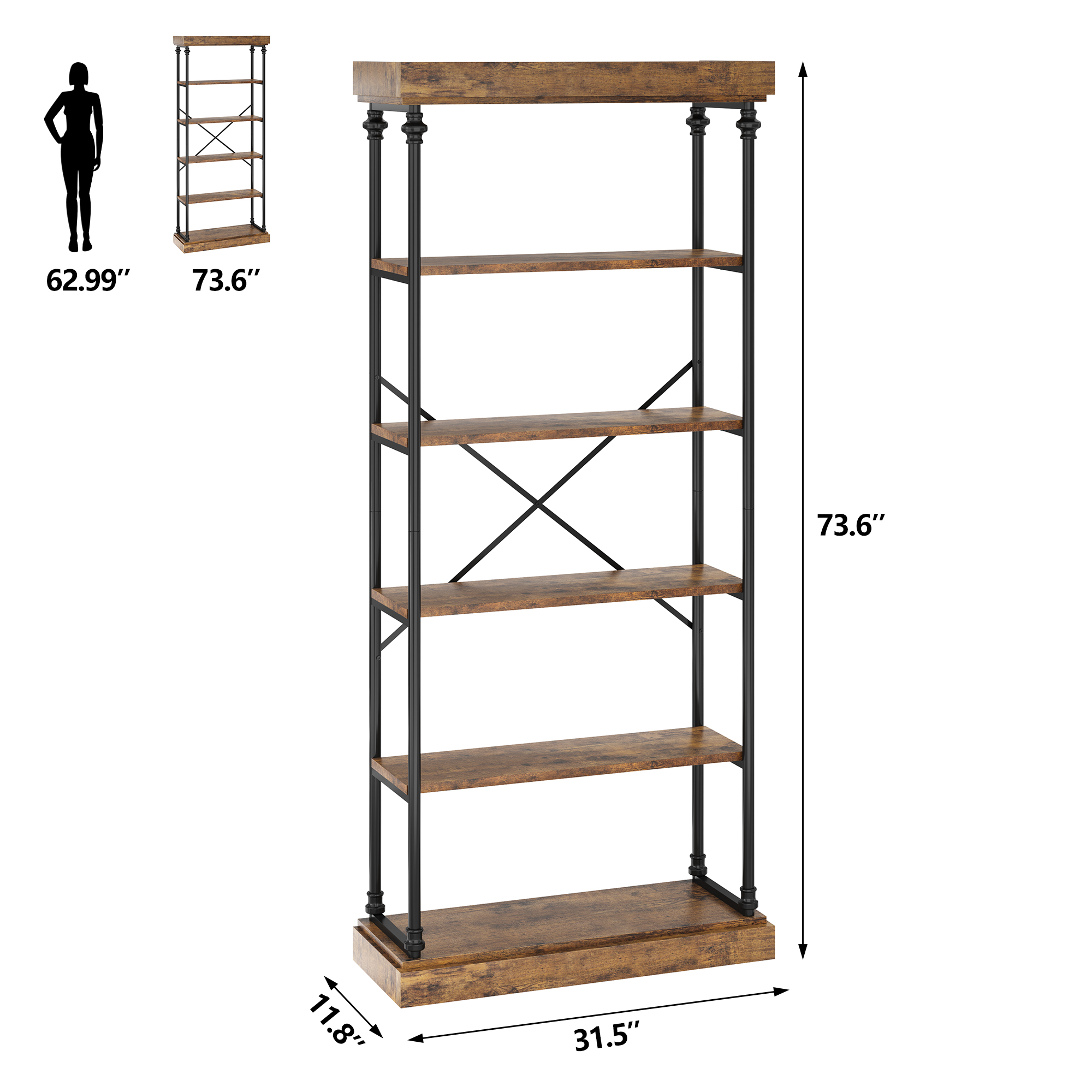 US GARVEE 6 Tier Industrial Bookshelf Wood Storage Rack, Metal Frame, Elegant Vintage Style, Stable & Durable, Multi-Functional, Easy Assembly, Ideal for Living Room, Bedroom, Home Office