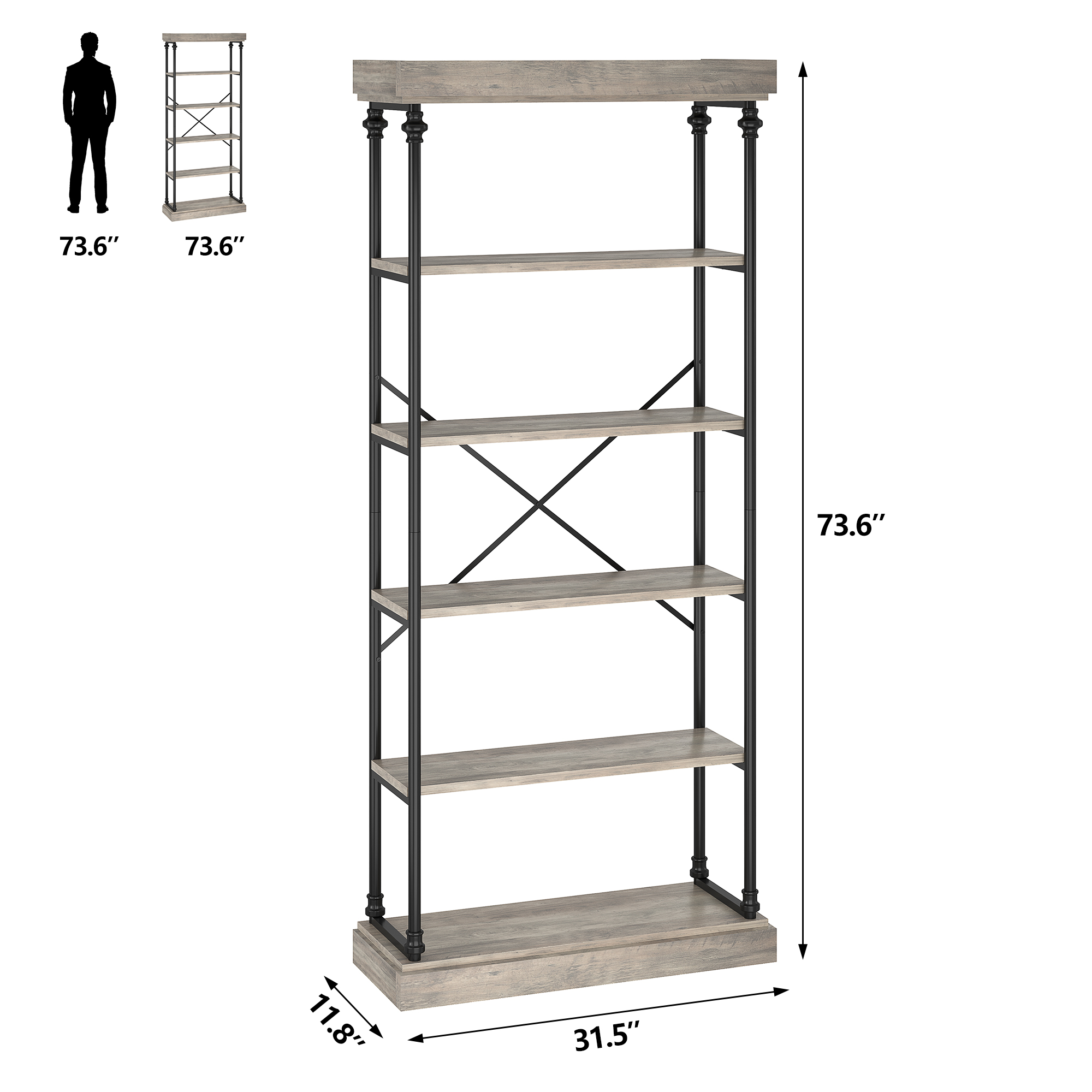 US GARVEE 6 Tier Industrial Bookshelf Wood Storage Open Rack Metal Frame Rustic Tall Standing Bookcase for Bedroom, Living Room, Home Office