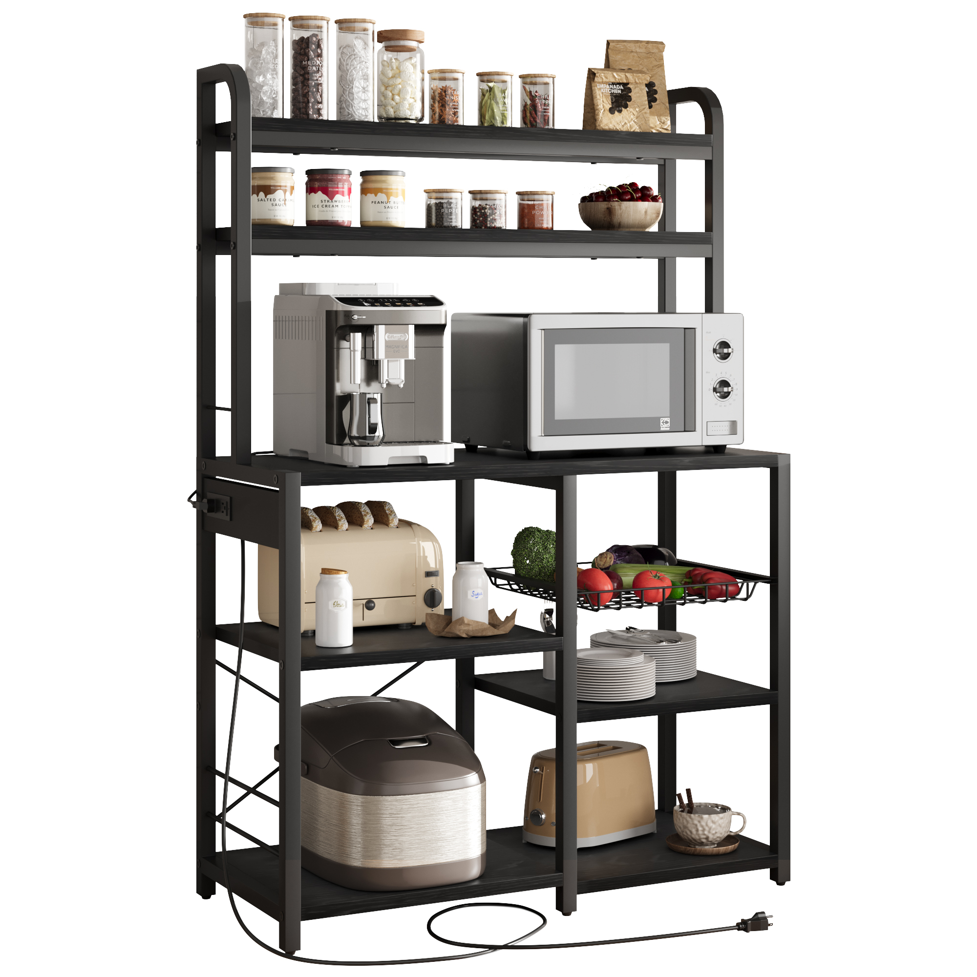 US GARVEE Bakers Rack with Power Outlet, 6-Tier Storage, MDF and Steel, Adjustable Feet, Anti-Tip Kit, for Kitchen and Dining