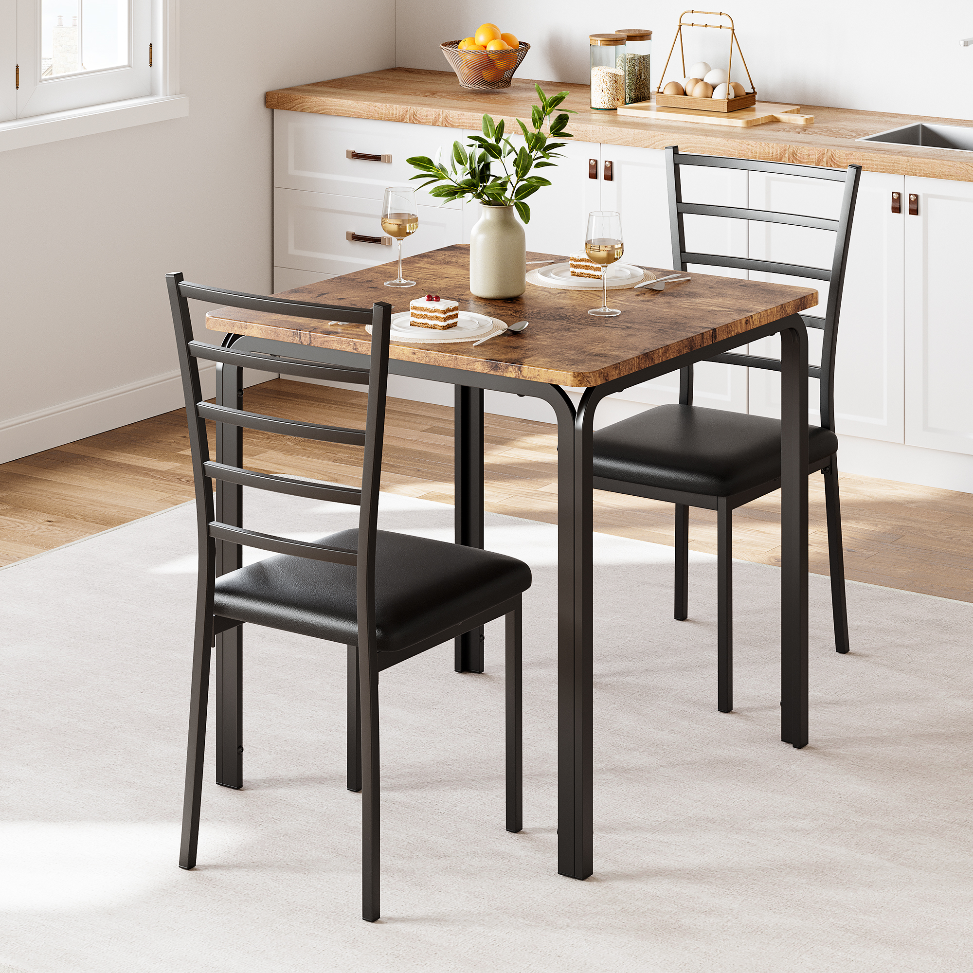 US GARVEE Small Square Dining Table Set for 2 - Space Saving Wood Dinette with Upholstered Seats, MDF Top, Metal Frame, Ideal for Kitchen, Dining Room, Home Office, Retro