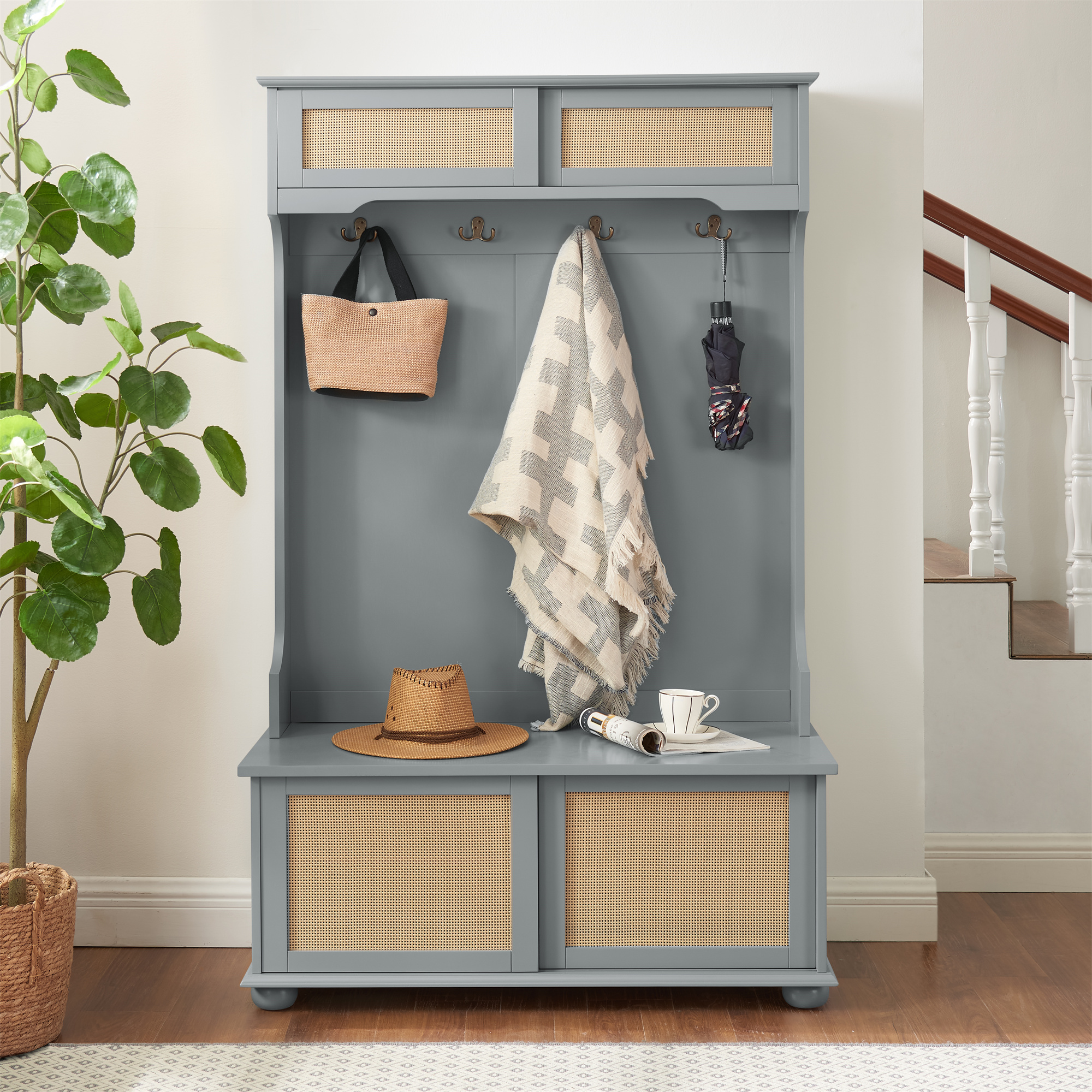 US Entryway Hall Tree With Storage Bench Coat Rack Hooks Shoe Cabinet With Rattan Door Shelves Hallway Furniture Gray
