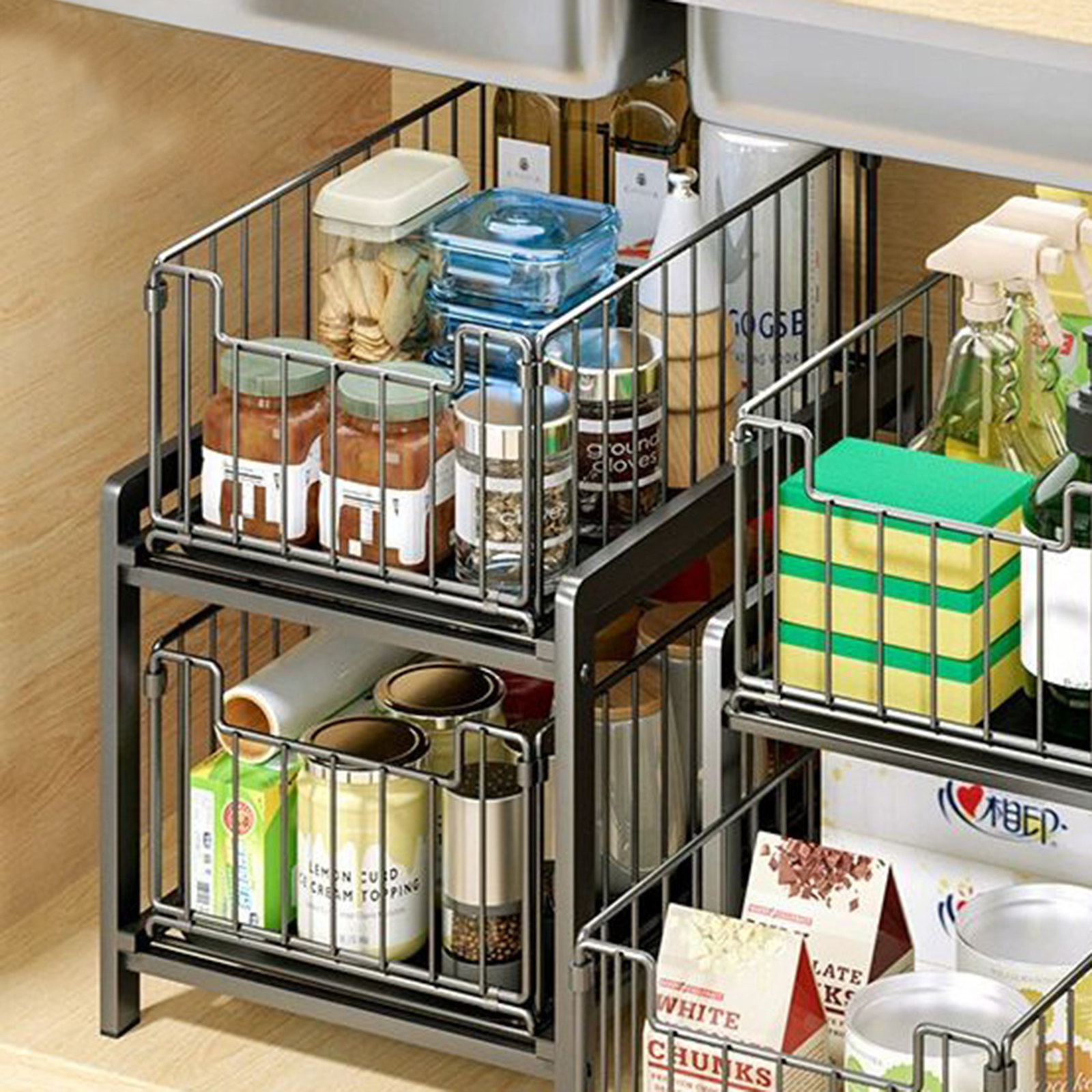 Pull-Out Sliding Drawer Cabinet Organizer Slide-Out Stackable Under Sink Cabinet Organizer 2-Tier Storage Shelf Multipurpose For Kitchen Bathroom white