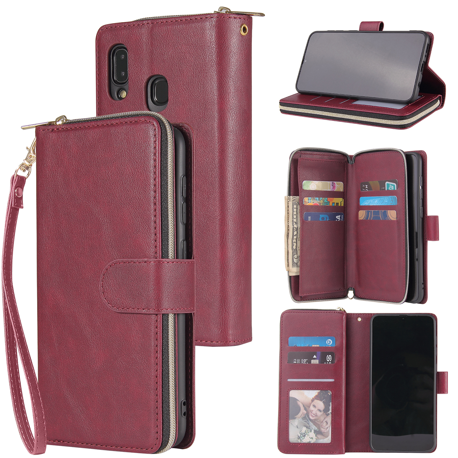 For Samsung A10/A20/A30/A50/A30S/A50S Pu Leather Mobile Phone Cover Zipper Card Bag + Wrist Strap Red wine