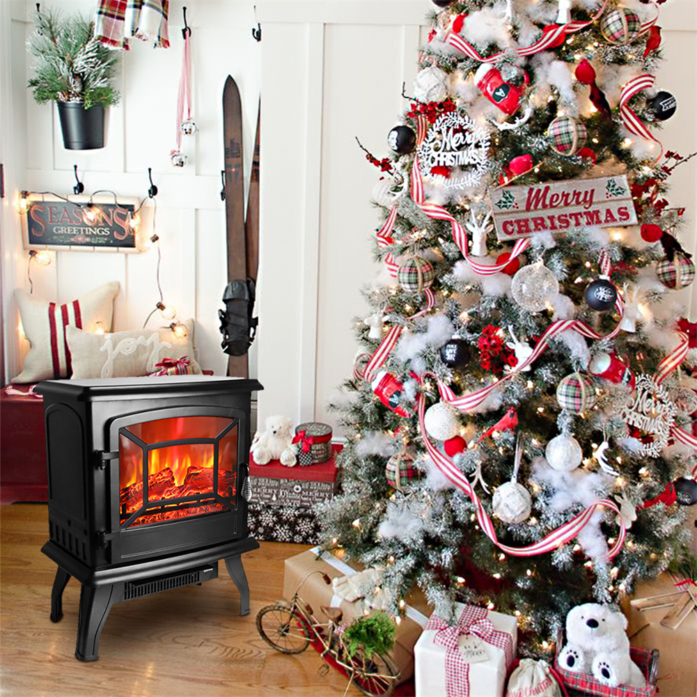 Us 1400w Freestanding Fireplace Wire Dual Mode Function Realistic Flame Black
