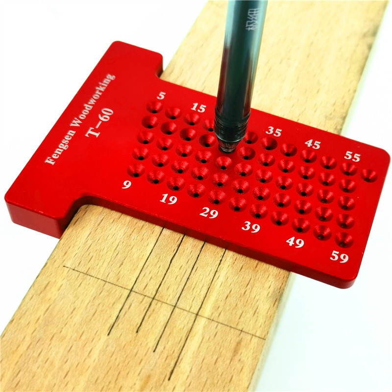 T60 Woodworking Ruler Hole Scriber Ruler Aluminum Alloy T-shaped Ruler Woodworking Mini Scriber Crossed Measuring Tool red
