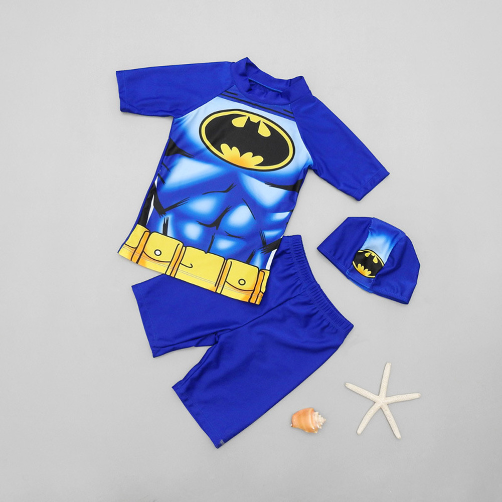 3-piece Children Split Swimwear Boys Short Sleeves Sunscreen Swimsuit Swimming Trunks With Swimming Cap Split 7-8Y XL