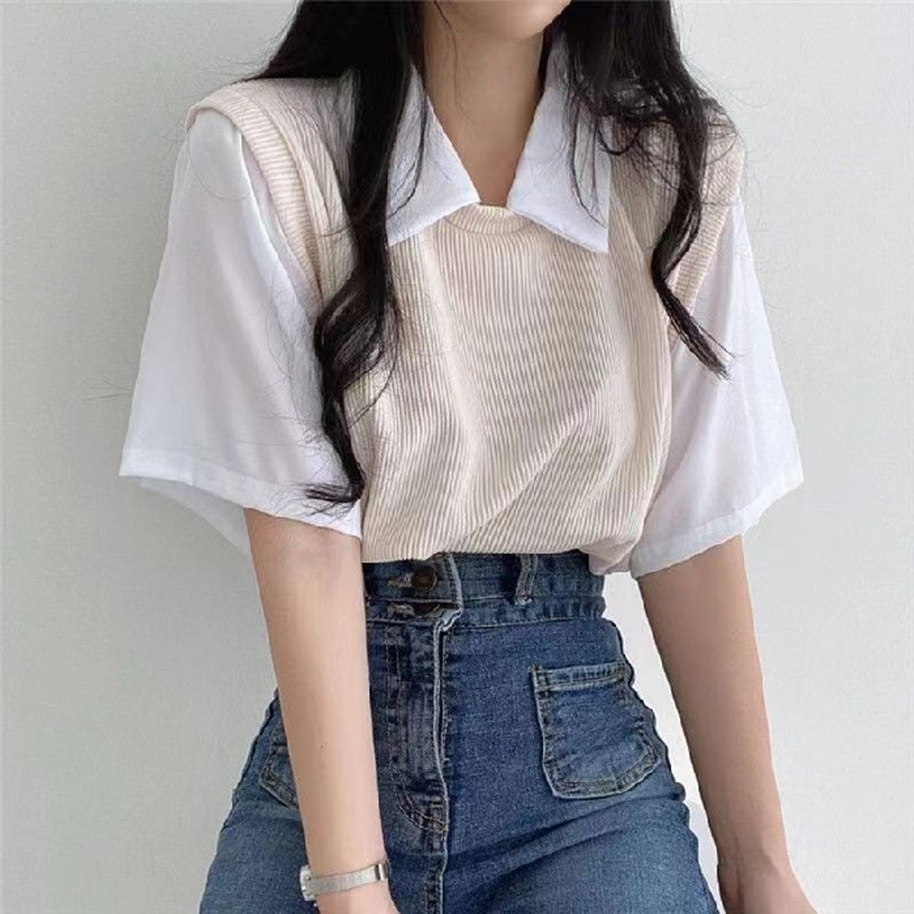 Women Lapel Blouse Summer Trendy Contrast Color Short-sleeved T-shirt Elegant Loose Casual Breathable Tops apricot XL