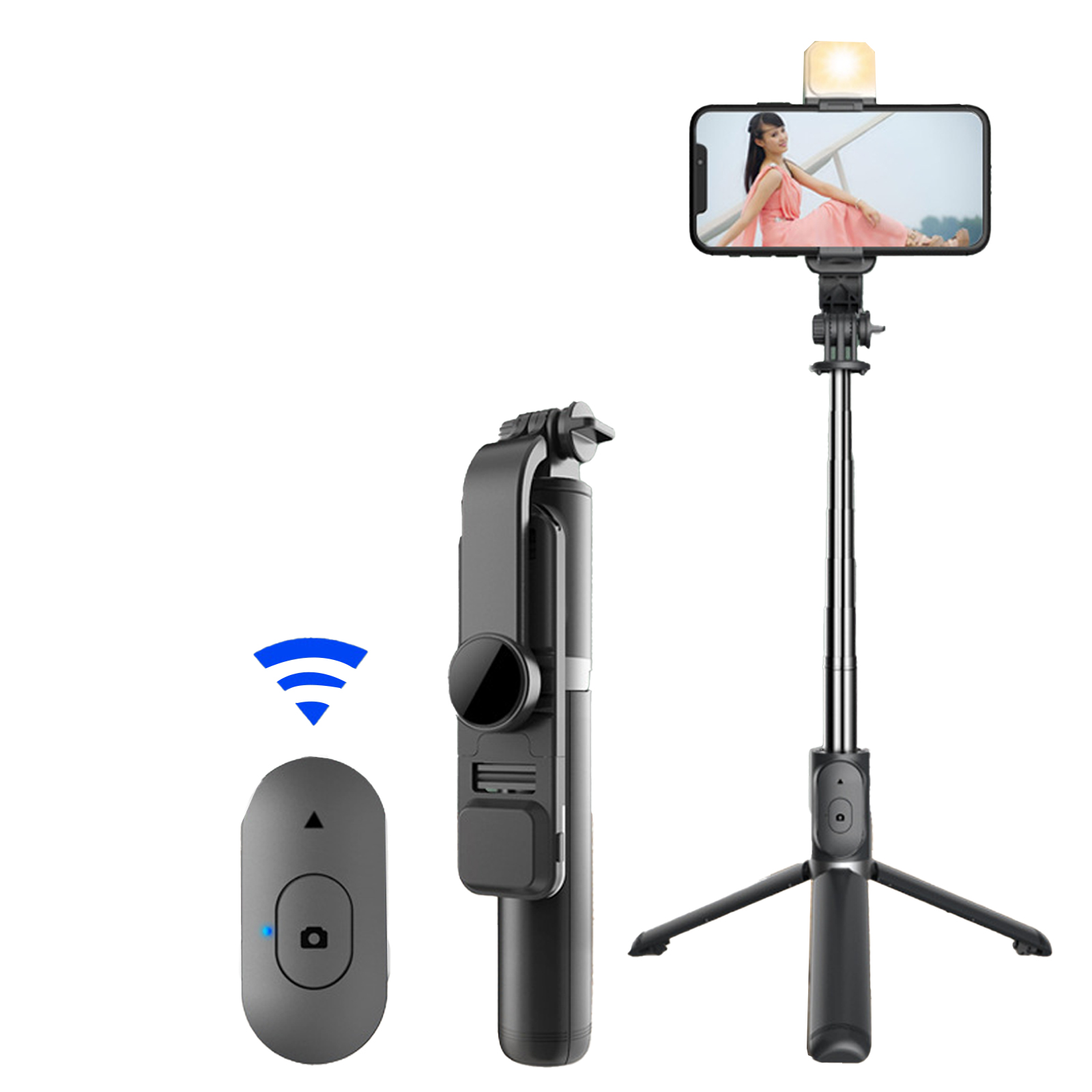 Q02S Portable Selfie Stick Phone Tripod 104.5CM/41 Inches Extendable Tripod Stand Rotation Mobile Phone Selfie Stick Mobile Phone Stainless Steel Tripod Rod Stabilizer Q02S Light Selfie Stick Black