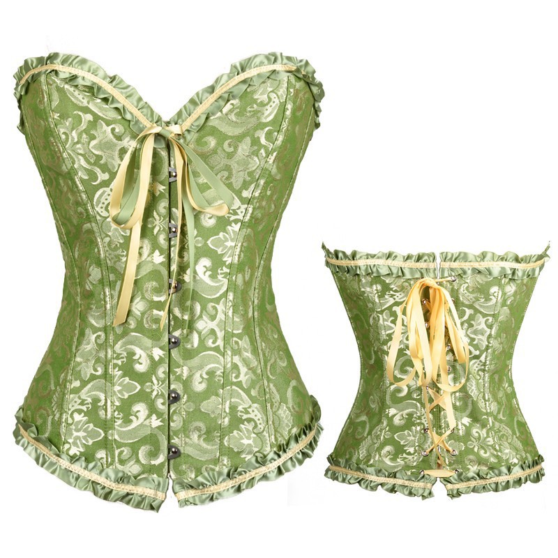 Women Corset Bustier Lingerie Bodyshaper Top Sexy Vintage Lace-up Boned Overbust Strapless Corset Tops green XXXL