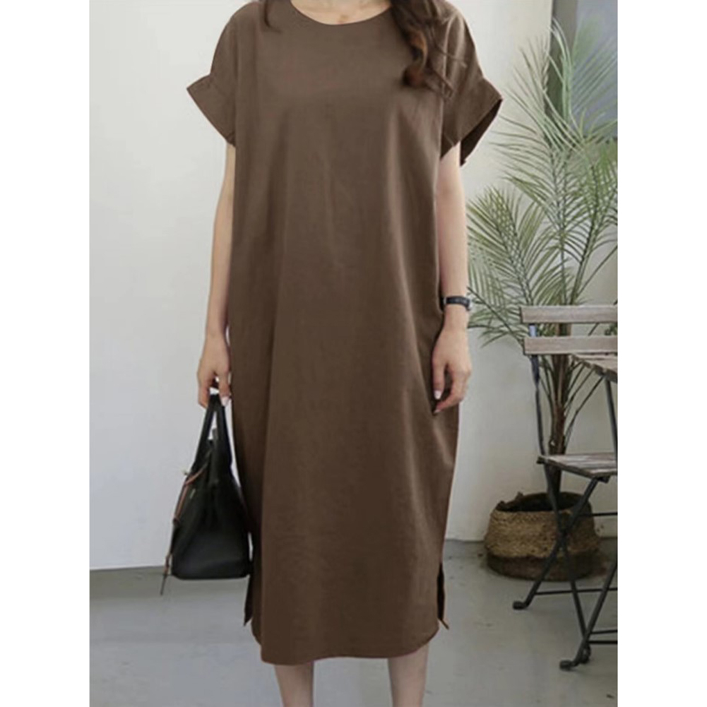 Women Summer Casual Round Neck Dress Solid Color Short Sleeve Loose Slit Long Dress Brown 3XL