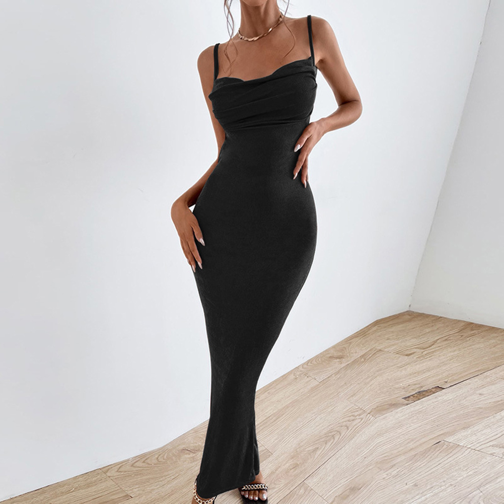 Summer Fashion Sling Dress For Women Solid Color Lace-up Middle Waist Dress Sexy Backless Slim Fit Mid-length Skirt black S