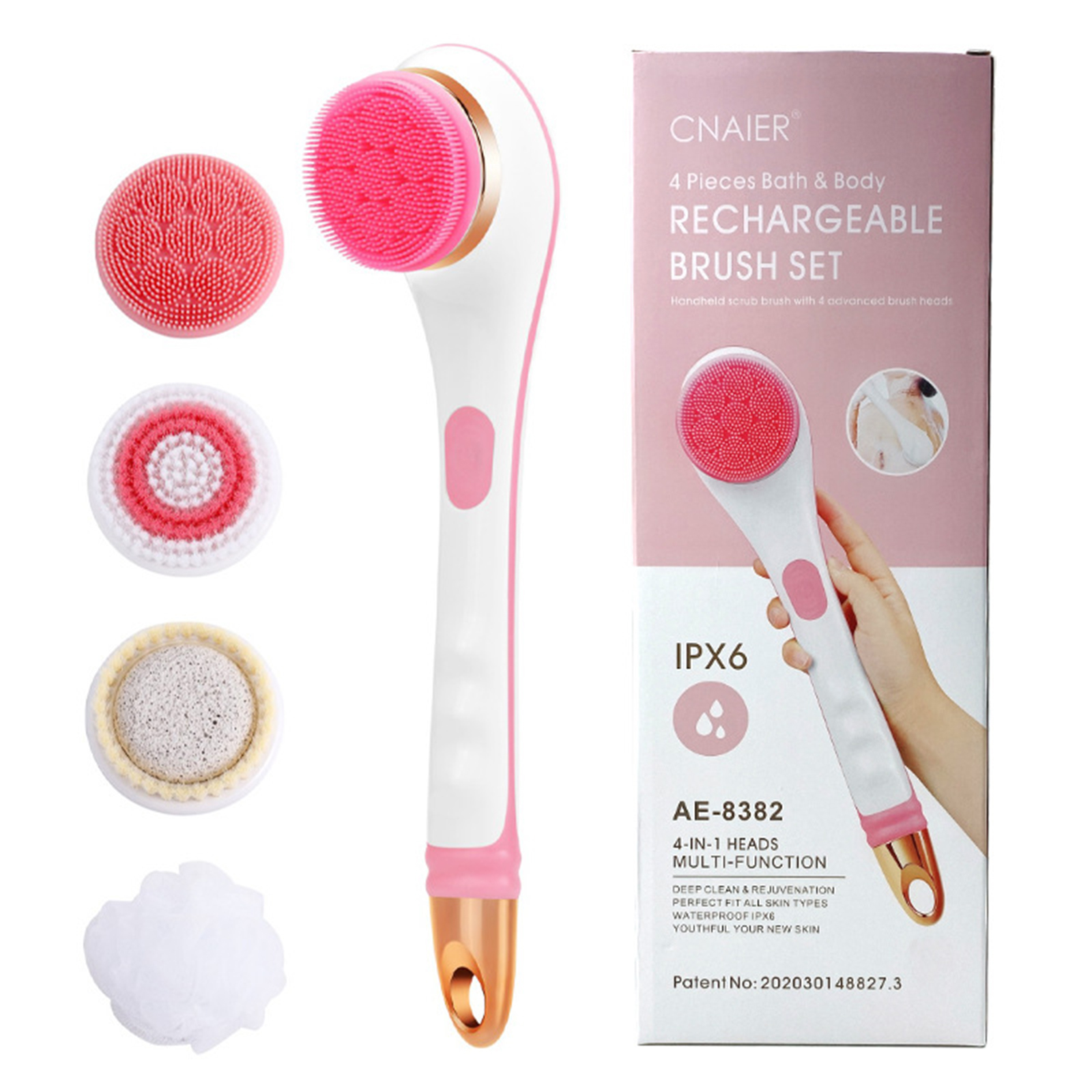 Electric Body Bath Brush Electric Long Handle Bath Brush Silicone Massage Body Scrubber Battery Powered/charging Shower Brush 8382 charging - pink English