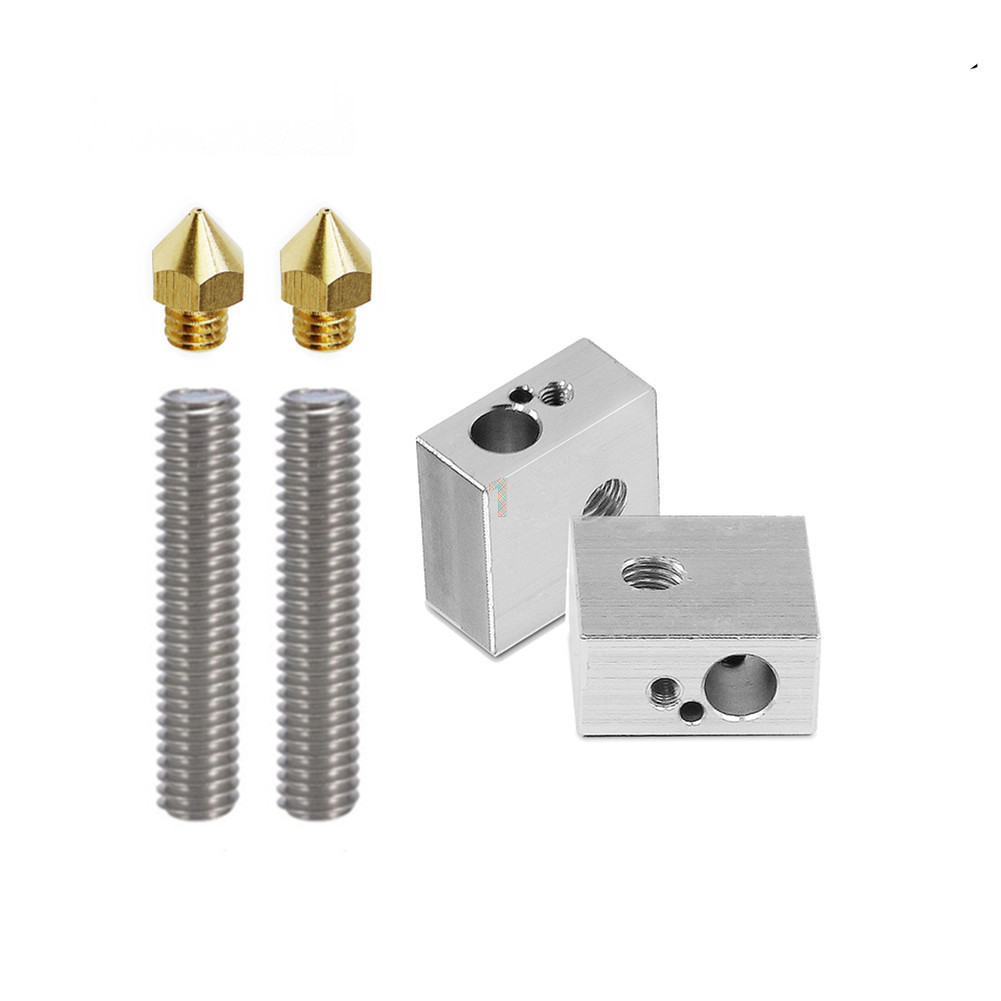 6pcs/set 2pcs 1.75mm Throat Tube+2pcs 0.4mm Extruder Nozzle+2pcs Aluminum Heating Block Blocks for MK8 Makerbot ANET A8 3D Printer