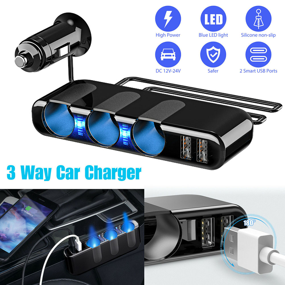 3-way Car  Charger Power Adapter Dual Usb Ports Car Cigarette Lighter Socket Splitter black