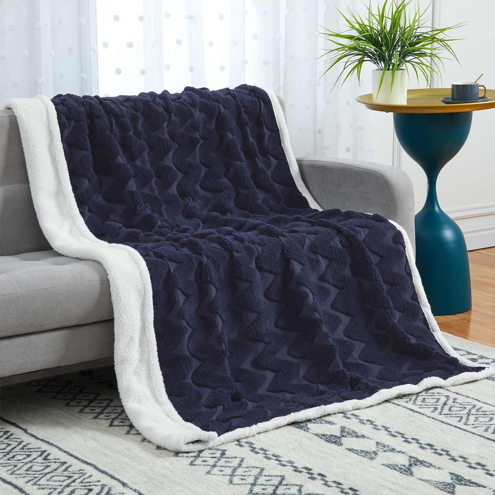 [US Direct] CAROMIO Sherpa Fleece Soft Plush Jacquard Fluffy Throw Blanket - Navy Blue