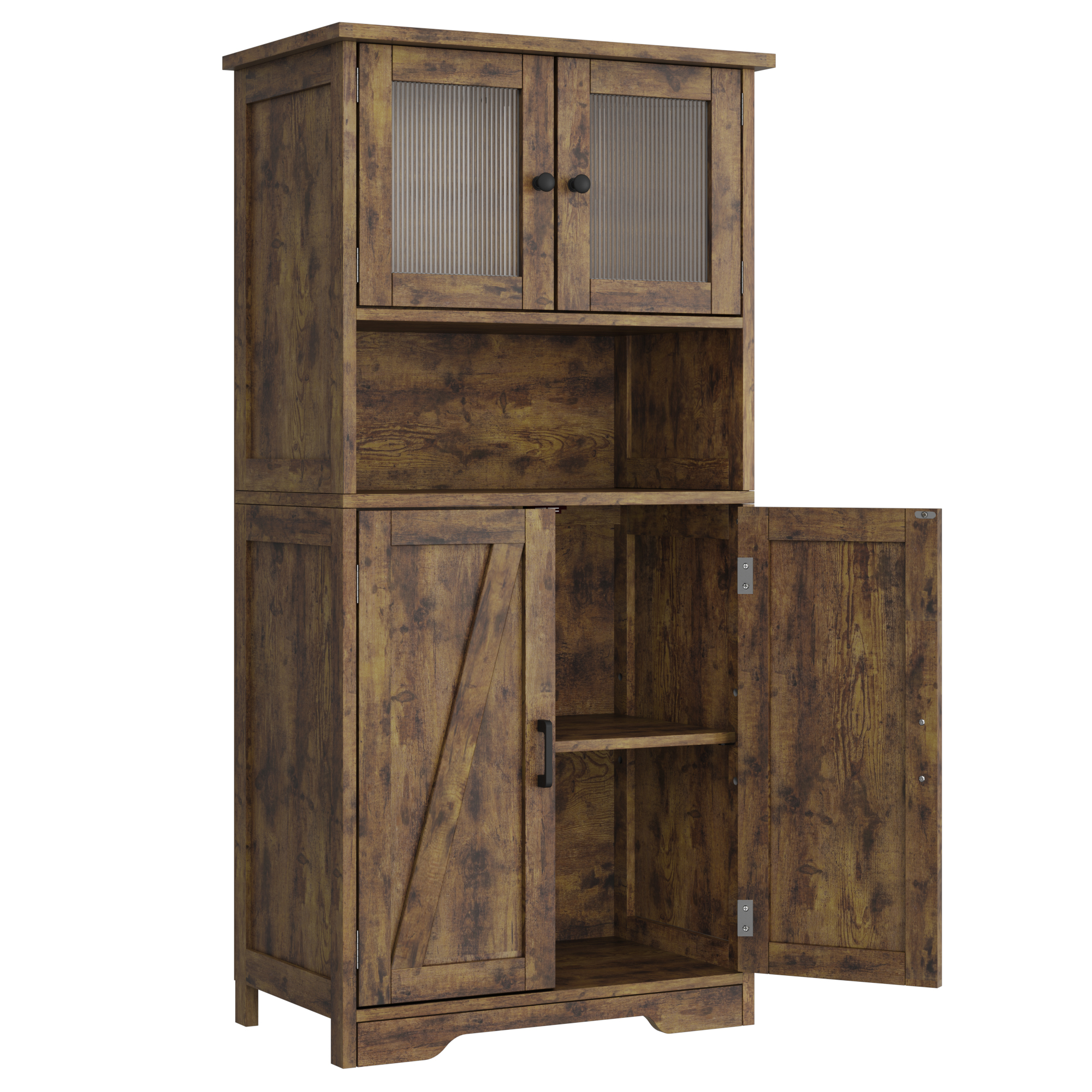 US GARVEE Bathroom Cabinet, Freestanding Floor Linen Storage Cabinet, Kitchen Pantry Storage Cabinet with Glass Doors & Adjustable Shelves, Standing Cupboard,Storage Cabinet for Living Room (Brown)