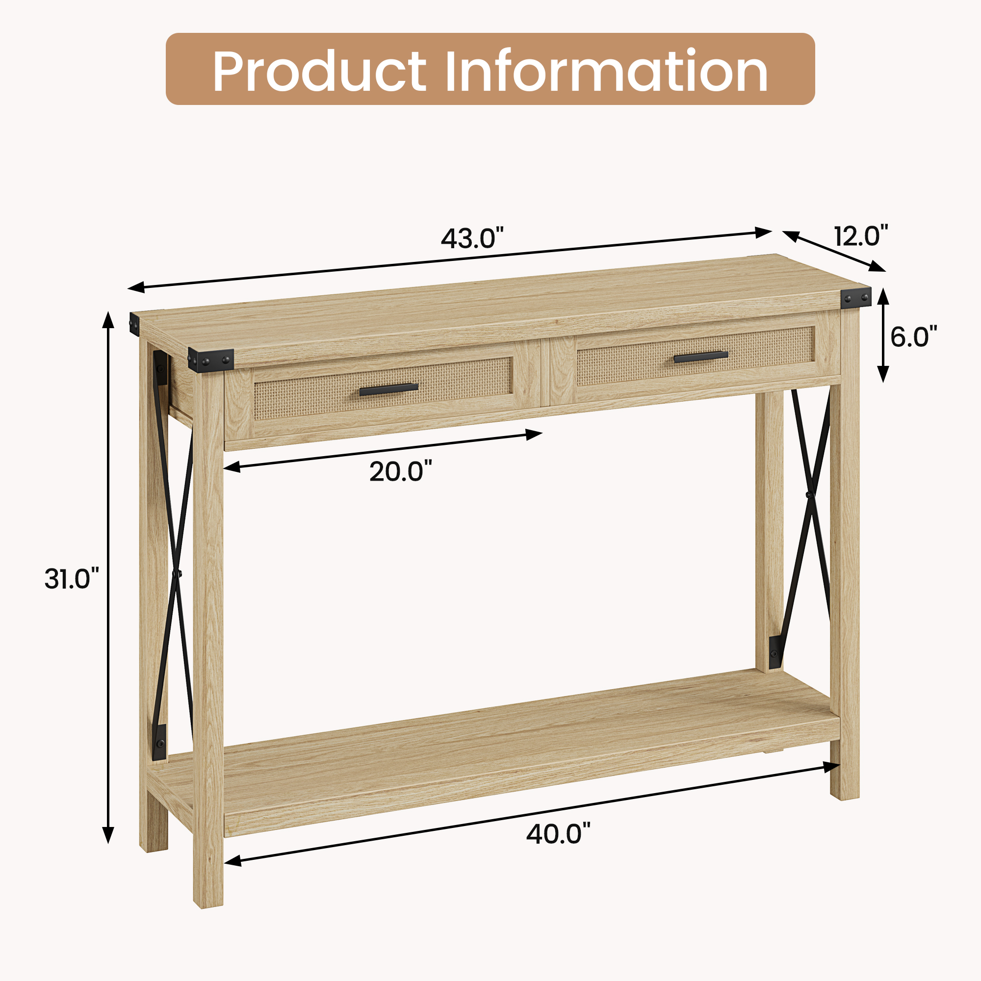 US GARVEE Farmhouse Entryway Console Table with Rattan Drawers, 43