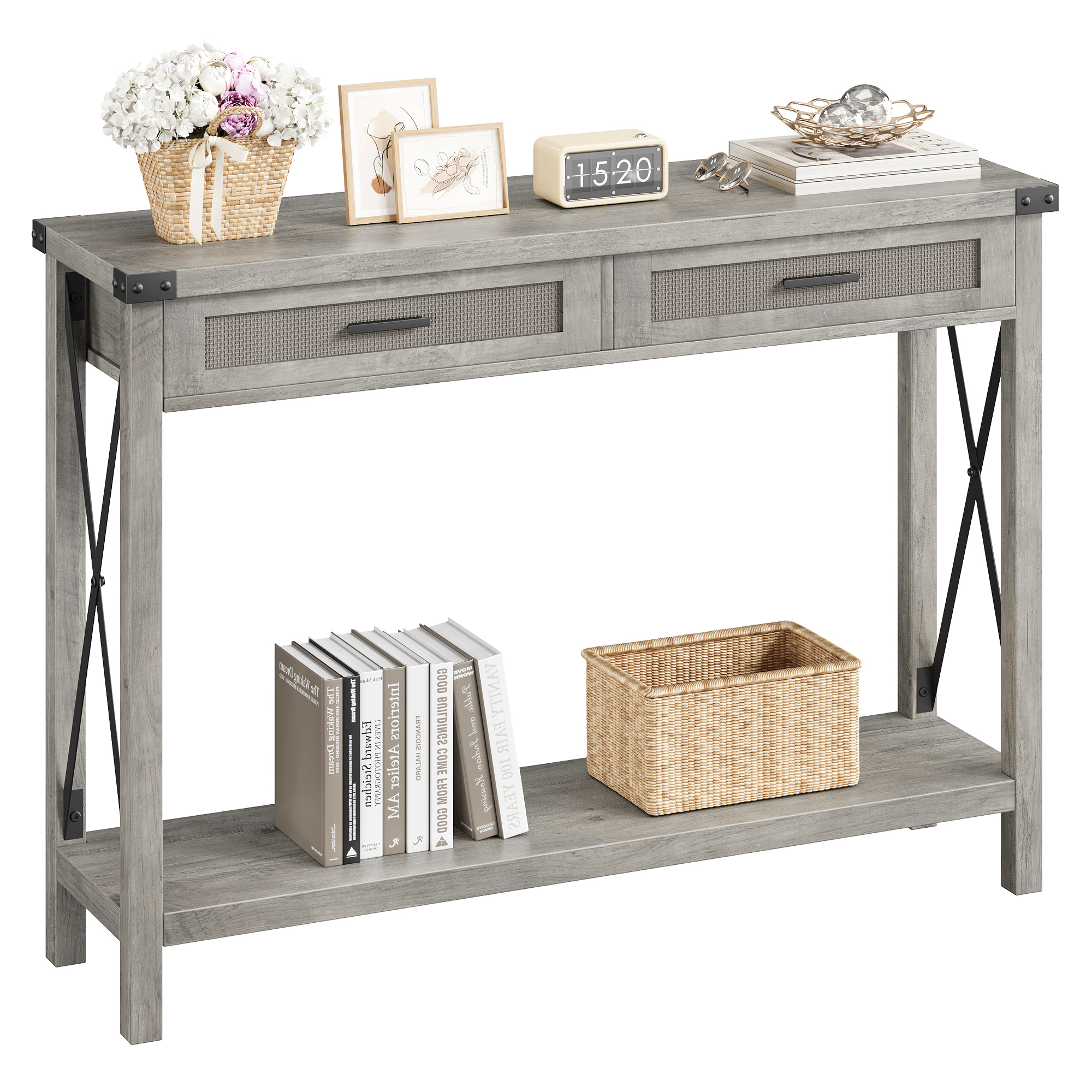 US GARVEE Farmhouse Sofa Table - Console Table with Rattan Drawers, Entryway Table with Storage for Living Room, Hallway, Foyer-Grey