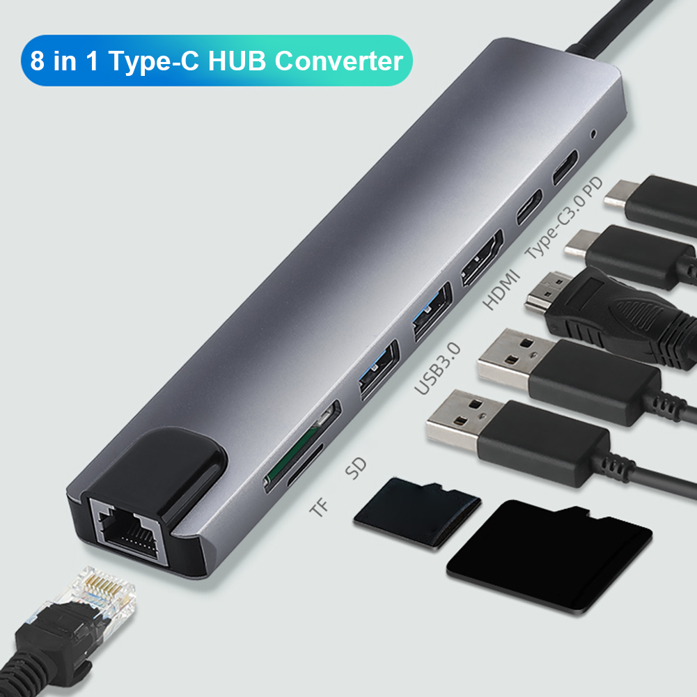 Hub  Converter Aluminum  Alloy 4k 30hz Hd Usb 3.0 Portable 8-in-1 Usb-c   Multi Port Adapter For Laptop gray