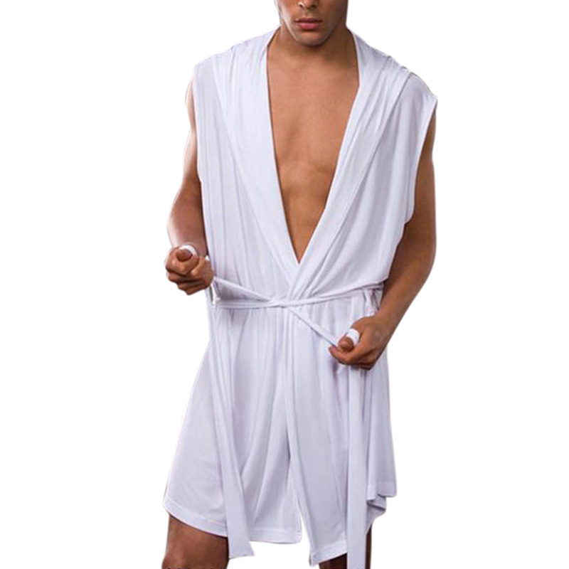 Men's Sexy Casual Night-Robe Sleeveless Sleepwear Hooded Ultra-Thin Pajama white_L