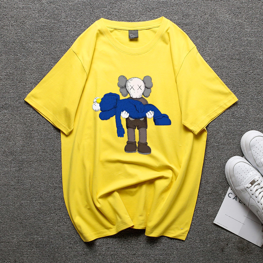 Boy Girl KAWS T-shirt Cartoon Holding Doll Crew Neck Couple Student Loose Pullover Tops Yellow_S