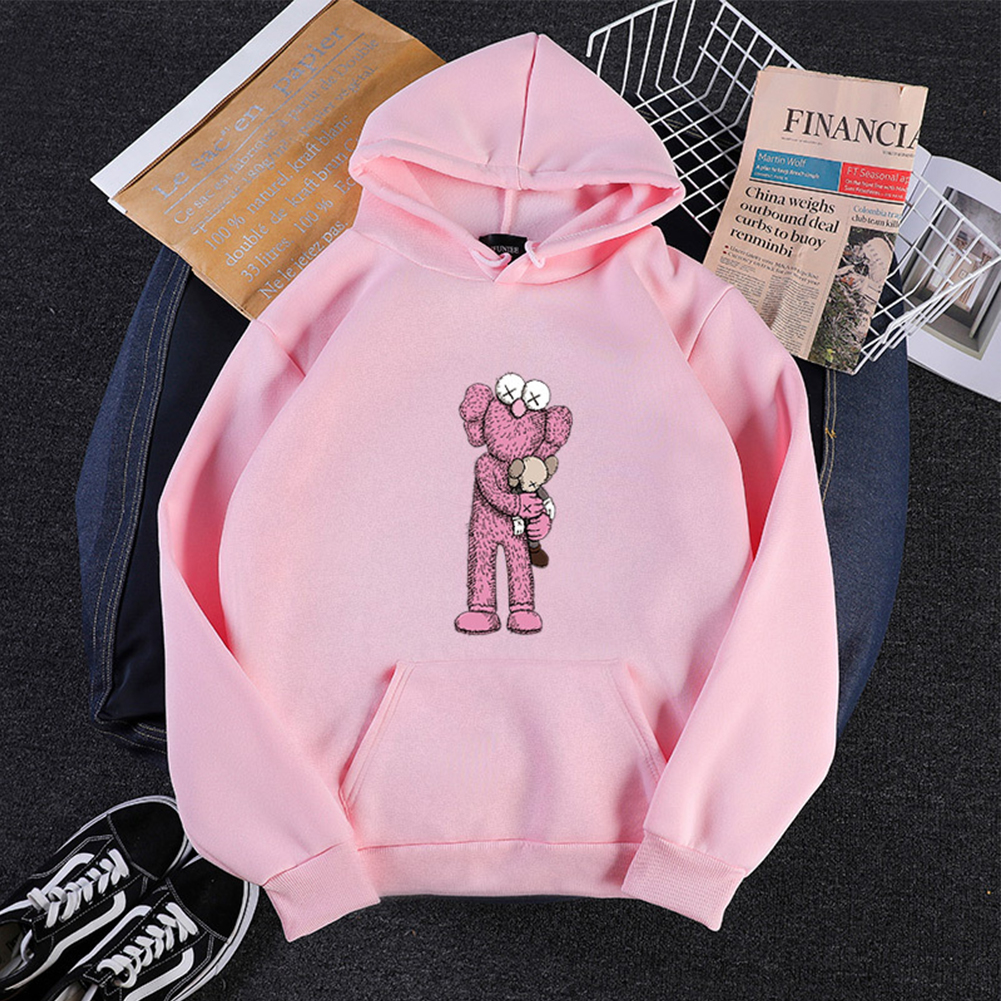 KAWS Men Women Hoodie Sweatshirt Cartoon Holding Doll Thicken Autumn Winter Loose Pullover Pink_XXXL