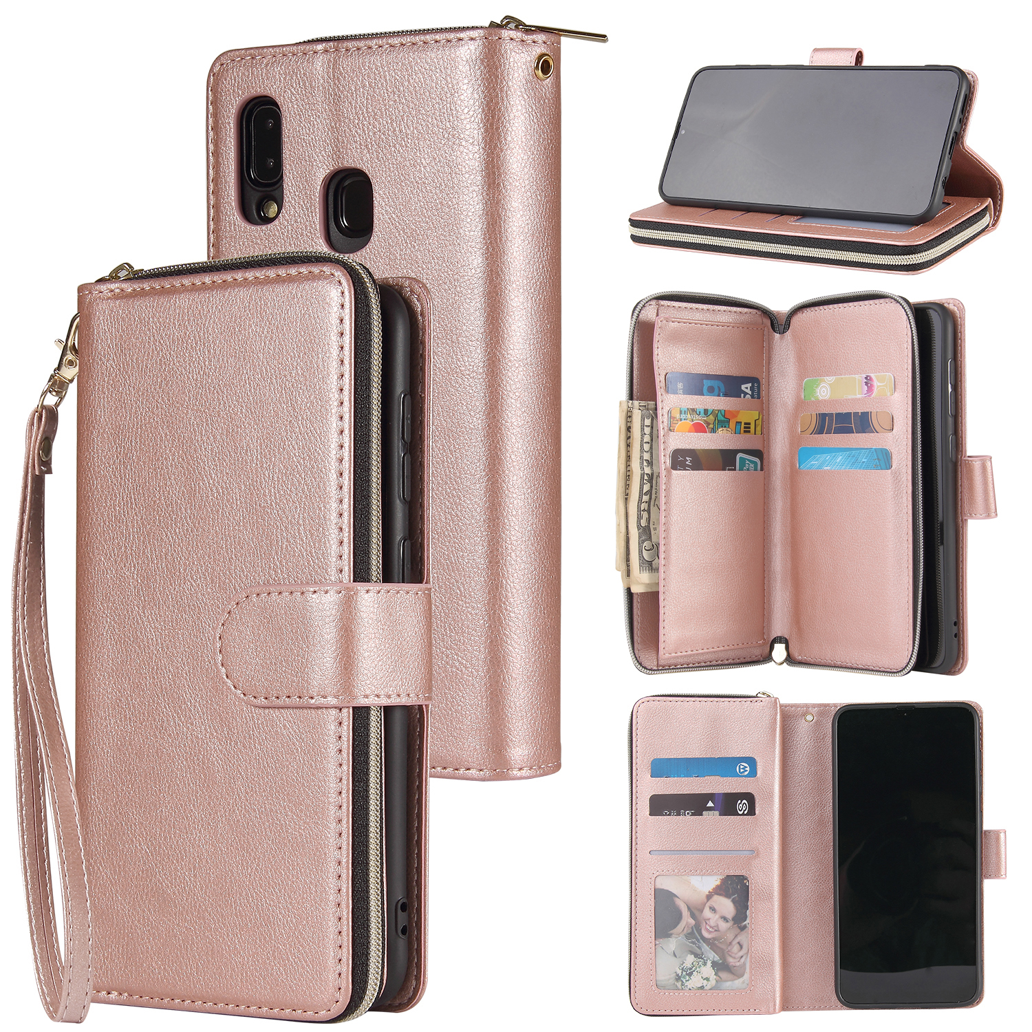 For Samsung A10/A20/A30/A50/A30S/A50S Pu Leather Mobile Phone Cover Zipper Card Bag + Wrist Strap Rose gold