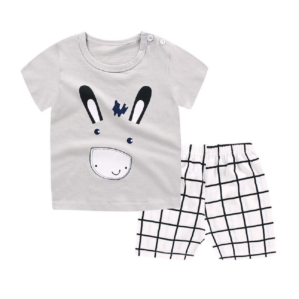 [Indonesia Direct] 2pcs/set Girls Boys Baby Cartoon Printing Short Sleeve Tops+Shorts Summer Suit Gray CX25_73cm